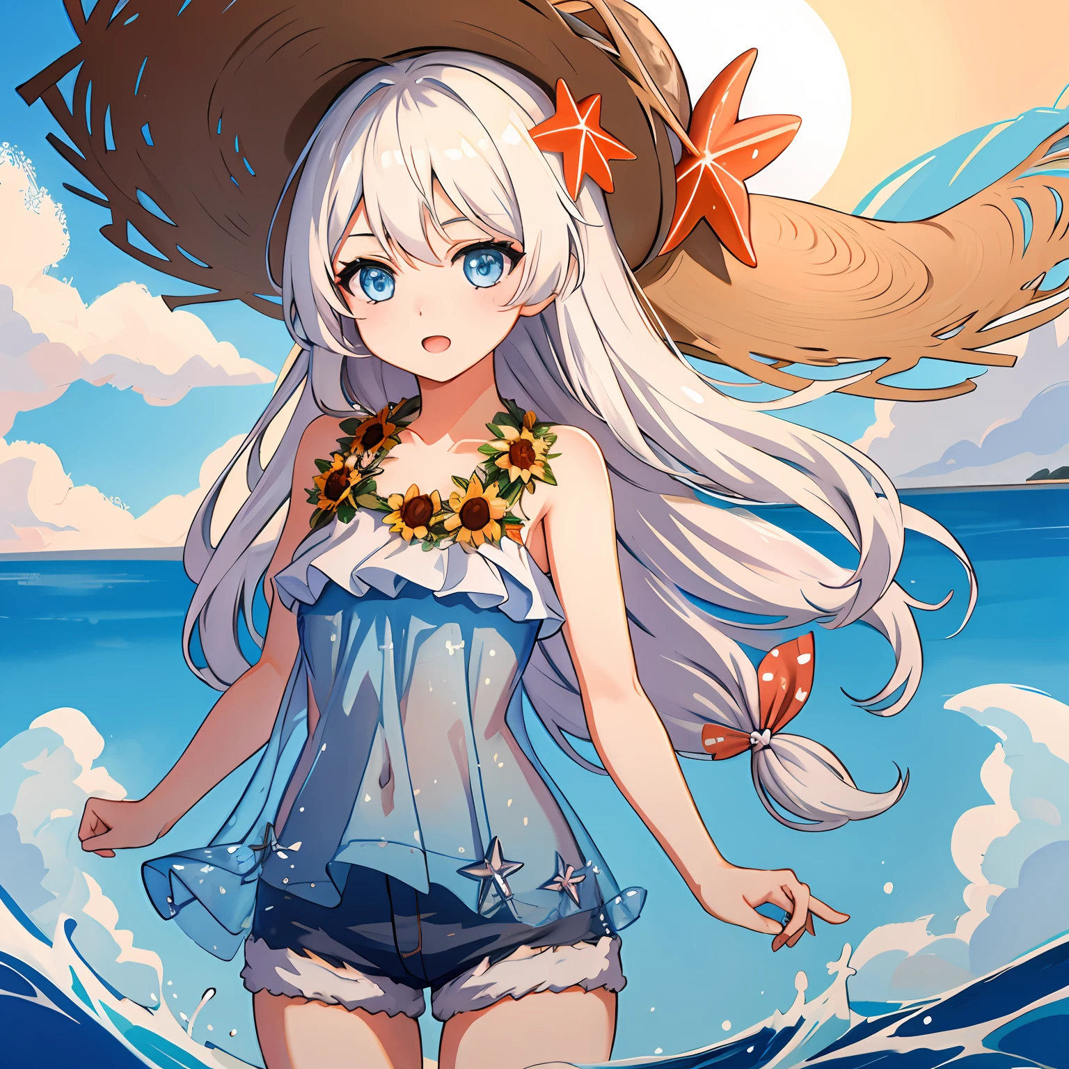 (masterpiece:1.2), (best quality:1.3), shallow_sunset, 1girl, blue_eyes, white_hair, straw_hat, swimsuit, dress, shorts, flower, starfish,