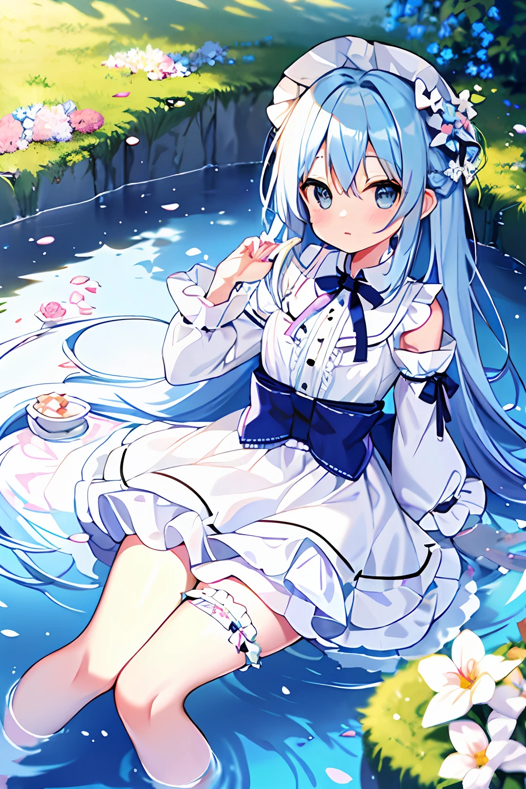 ,[(white backgrounid:1.35)::0.25], (Bottle bottom:0.9),中景 the scene is,full bodyesbian,blossoms,Fluttering petals,stone fragment,Beautiful and delicate water,​​clouds,suns,eventide,(Solo:1.2),(Masterpiece),(Best quality),(Extremely detailed Cg Unity 8K wallpaper),(high resolution),(Best background details:1.26),(best character detail:1.36),(Pastel (mediating):1.35),Sparkle,1girll,(blue  hair:1.2),blue color eyes,Hair between the eyes,((straight long hair)),long whitr hair,, neck bowtie, fur-trimmed dress, ((White:1.2) upper legs:1.3),, illustration, accumulate, Table, flower, bow, bangs, tree, rrills, Long sleeves, neck bowtie, pink flower, Closed mouth, shirt, exteriors, Lolita prostitute,grassy,  saucer, [(Floating island:1.2,Cloud)::5],（Irish Silver Whistle：1.6）