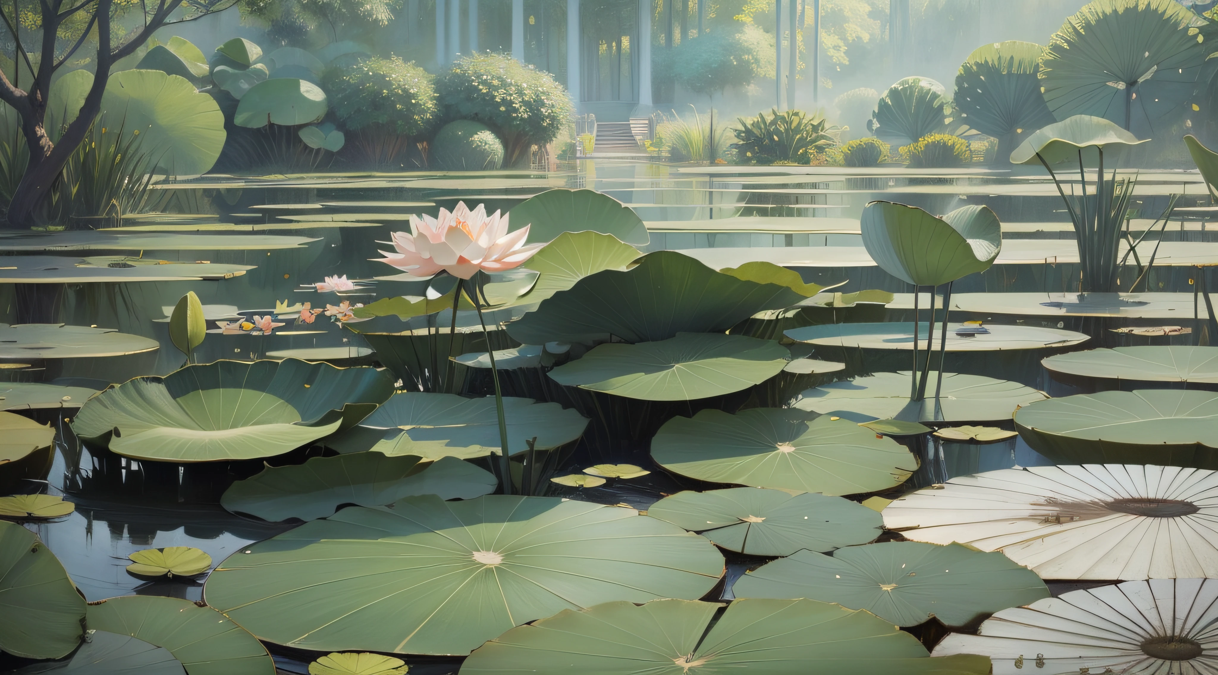 A quiet lotus pond, Monet style, high quality, masterpiece, realism
