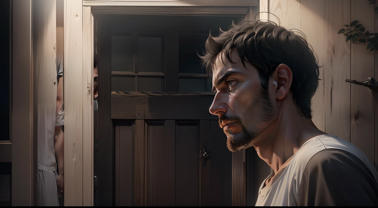 ultra realistic image, 8k, of a 37-year-old man, short black hair, dressed in a white t-shirt and black shorts, irritated, looking to the left, close-up on his face, in front of the door of a farmhouse, night, dark environment