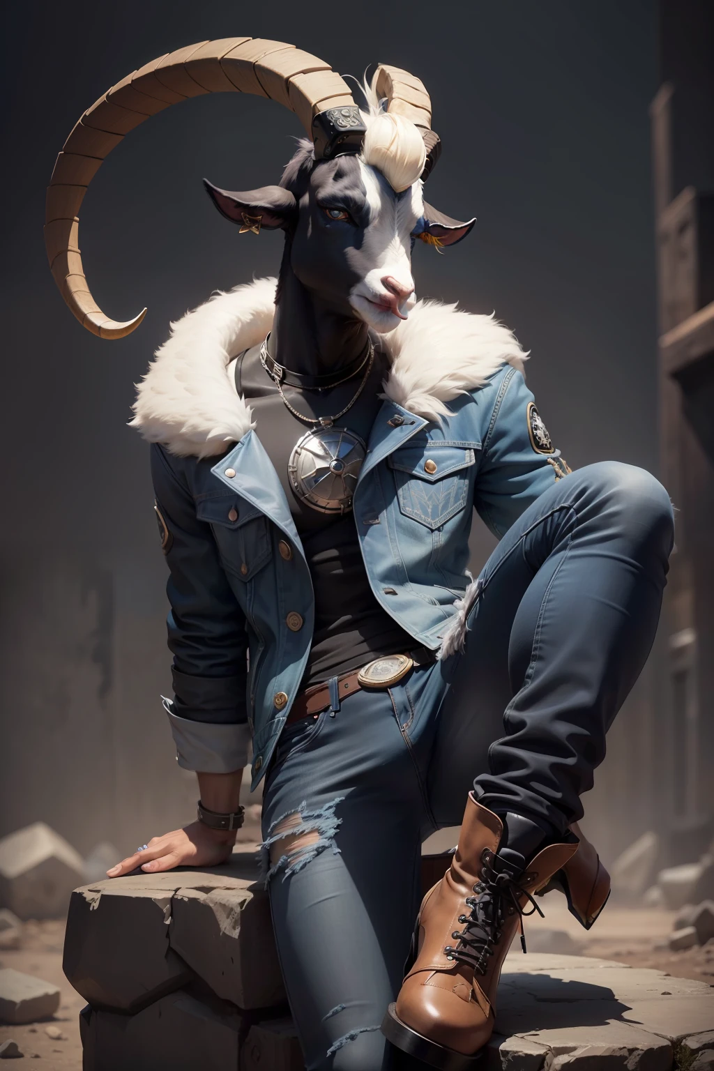 Anthropomorphic goat, pelagem branca, black baldness, cabelo longo preto, jaqueta de motoqueiro, Denim Jeans Pants, boot on the feet, estilo furry, Unique personality, detalhes realistas, Fusion of features, Charismatic pose, dynamic scenario, striking expression, arte de IA, goat body, blue goat eyes.