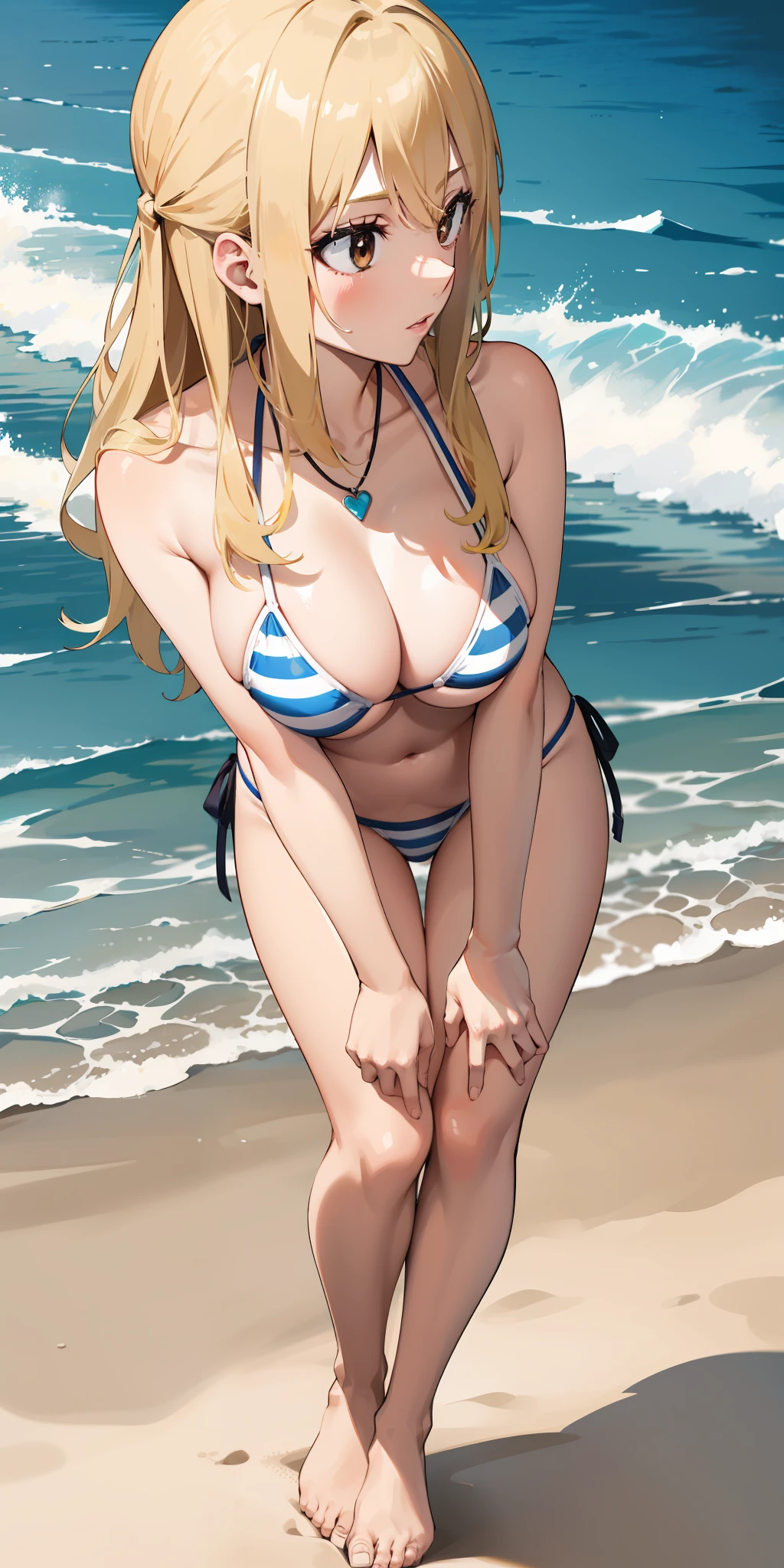 masterpiece, best quality, highres, lucy heartfilia, blonde hair, long hair, large breasts, beach, striped bikini, micro bikini, necklace, standing, bent over, hands on knees, pov, from the side