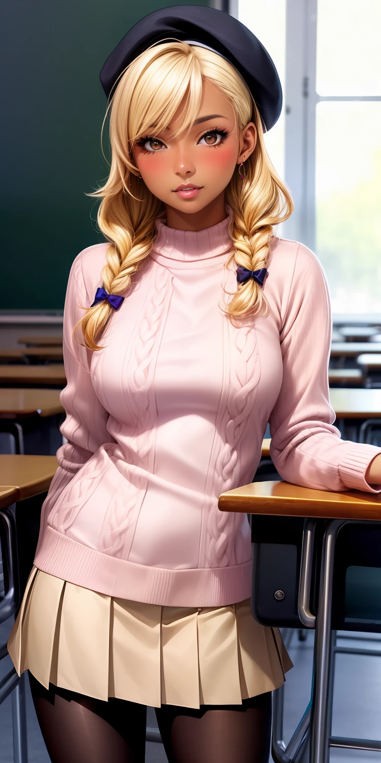 best quality, ultra high res, classroom, blush, chic, (photorealistic:1.4), 1girl, dark tan skin, blonde hair, gyaru, beret, side braid, Parisian style, sweater, pleated skirt, dark skin, pantyhose