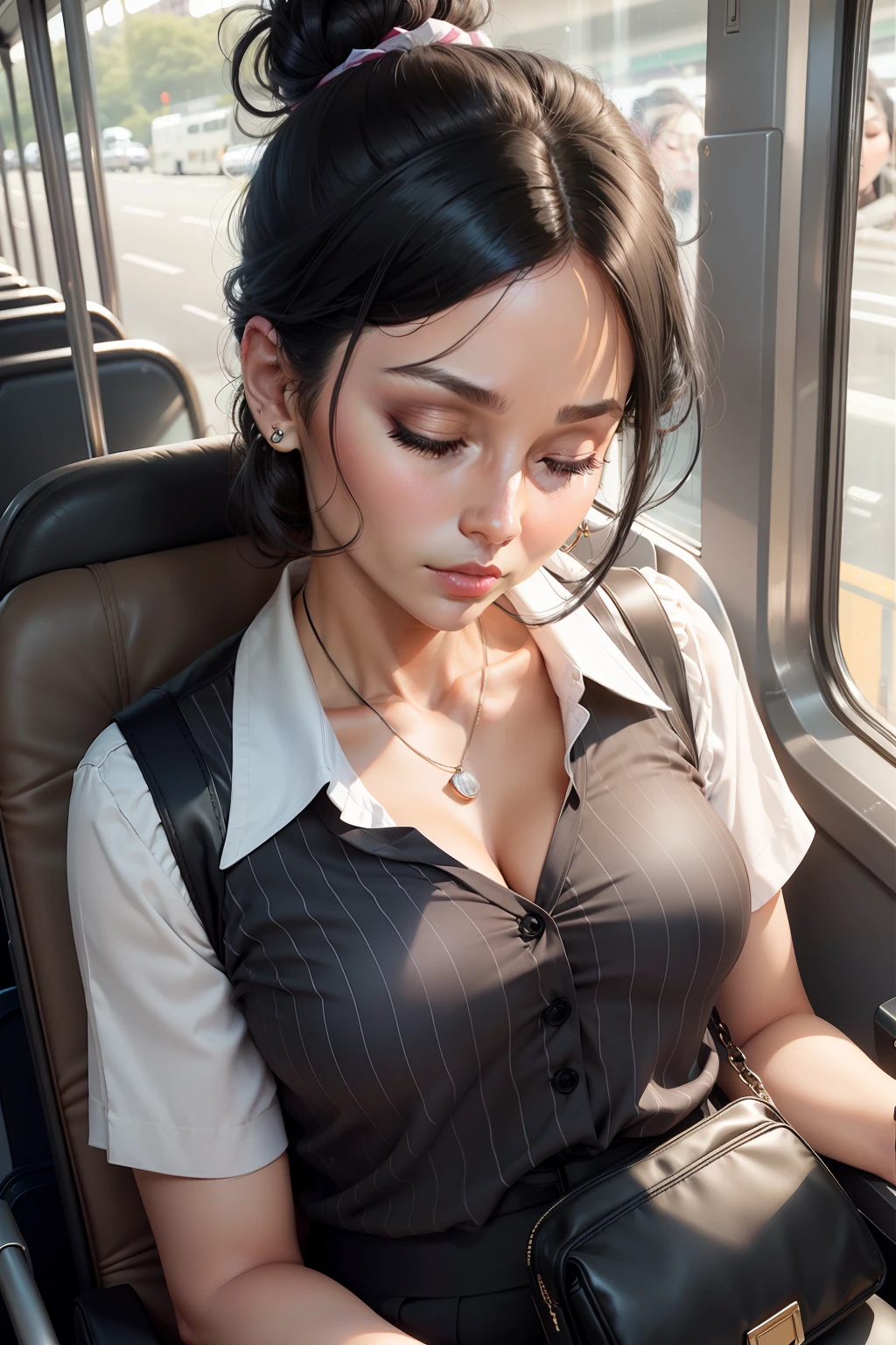 1 beautiful woman, 40-year-old lady, made-up face, black hair, black headband, hair tied in a bun, small earrings, striped blouse, neckline, formal gray pants, formal gray vest, big nails, made-up eyelids, cream handbag, asleep lying on the bus, eyes closed, mouth open.