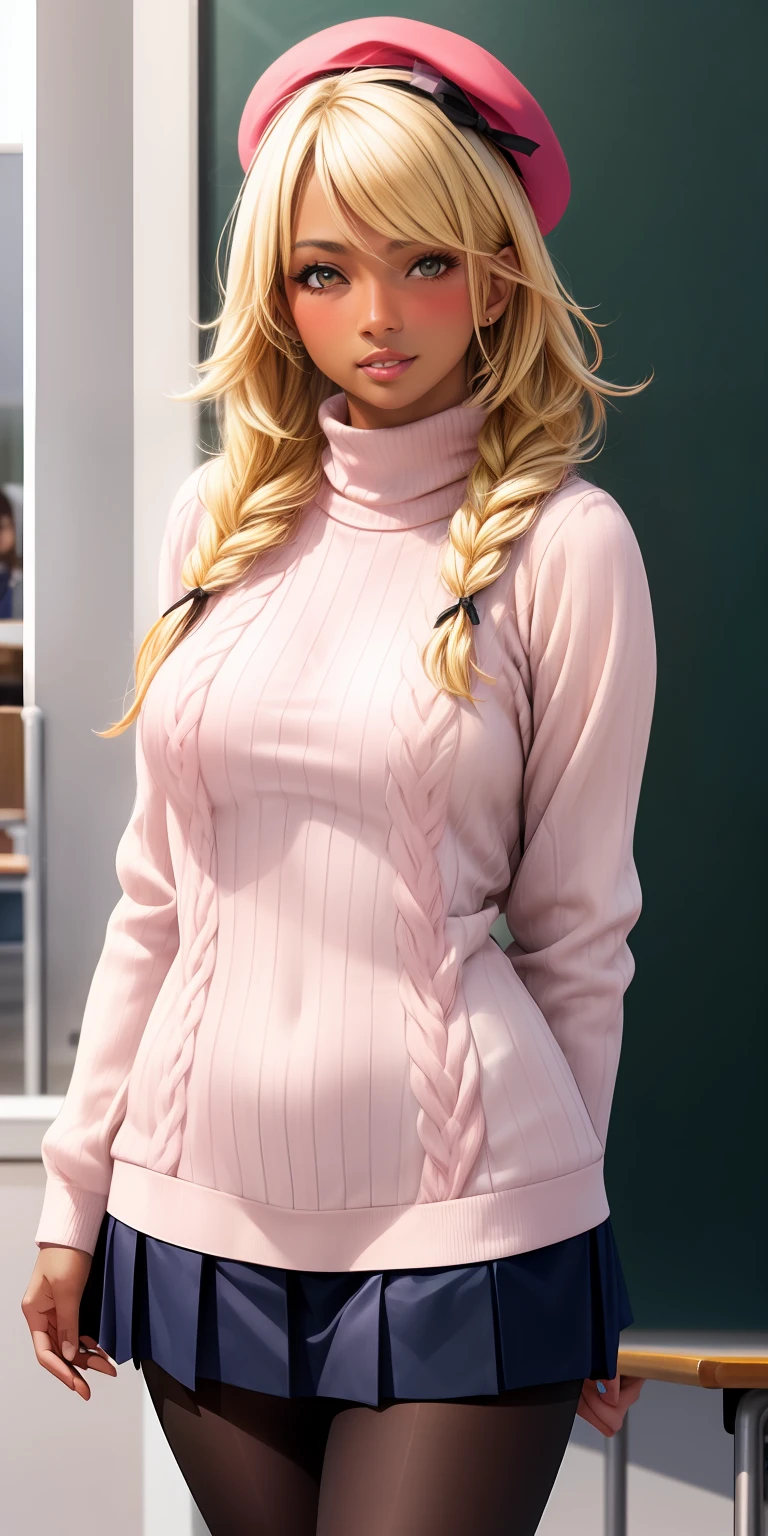 best quality, ultra high res, classroom, blush, chic, (photorealistic:1.4), 1girl, dark tan skin, blonde hair, gyaru, beret, side braid, Parisian style, sweater, pleated skirt, dark skin, pantyhose