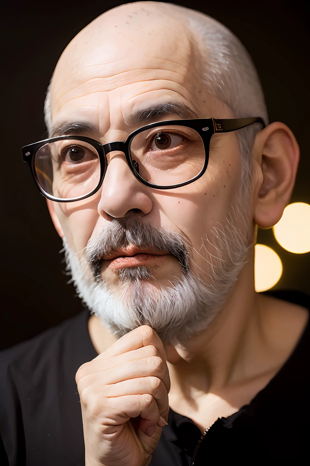 fotorrealista, homem 50 anos, barba curta de cor branca e cinzento, short hair with a bit of baldness , frameless glasses, Photograph with inclined profile with one hand on chin, figura o homem pensador.