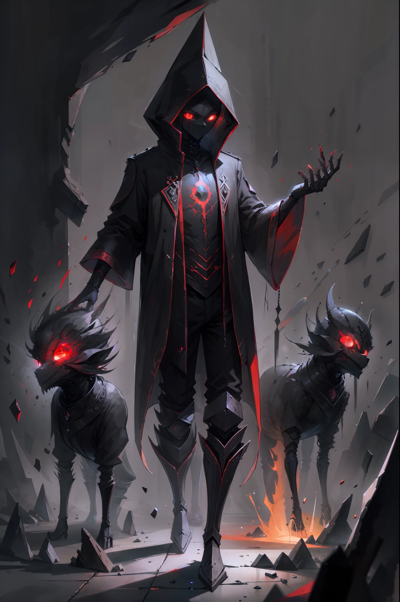 humanoid black monsters with shadow aura, red shining eyes, full black creatures