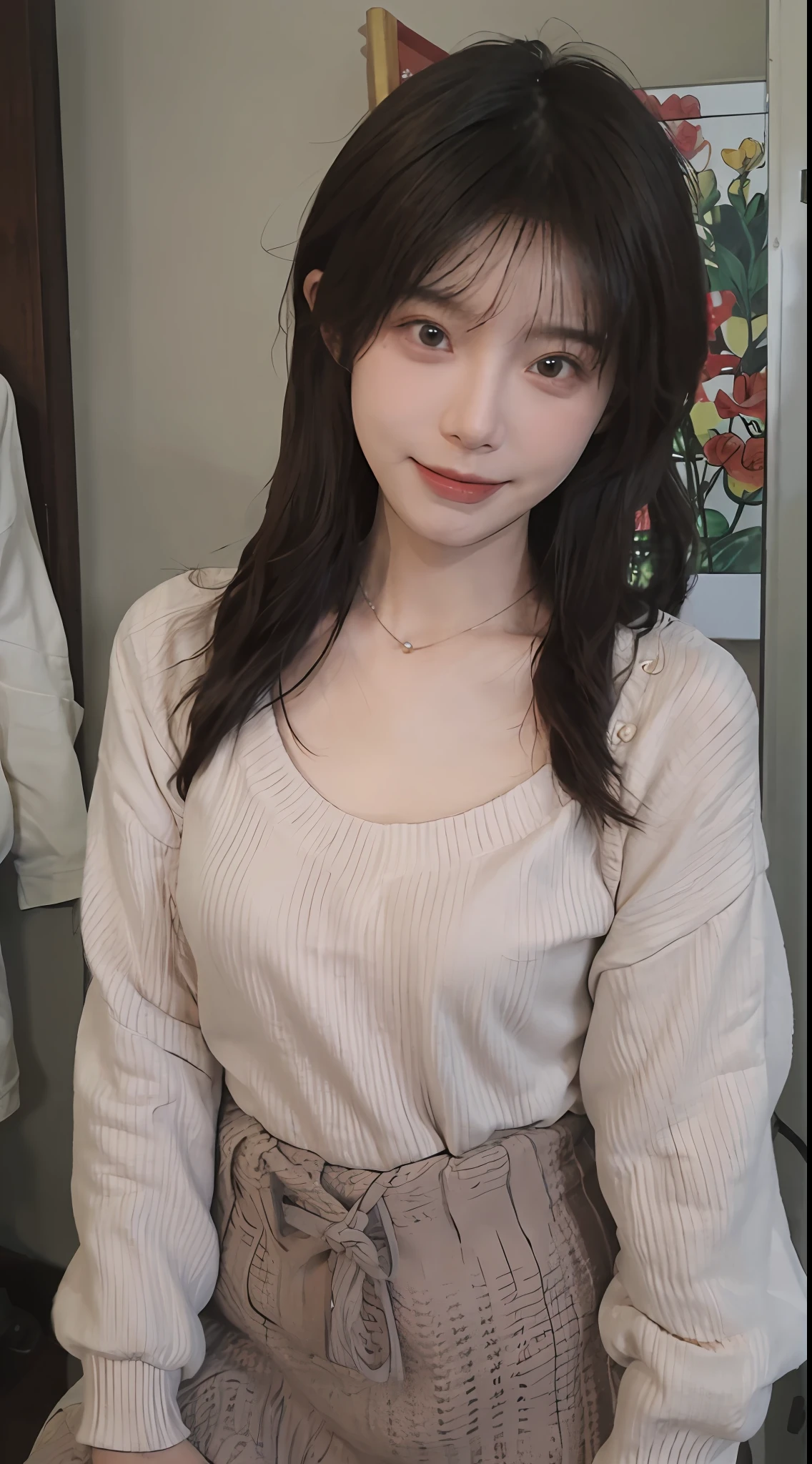 best qualtiy, 超高分辨率, (realisticlying:1.4),cute hairpin,Baoyu Girl,1girll, Beautiful woman with a slim figure:1.4, Abs:1.1, (A brown-haired, mideum breasts:1.3), Long pink sweater:1.1, 浴室,Ultra-fine face,Elaborate Eyes,二重まぶた,ssmile,choker necklace