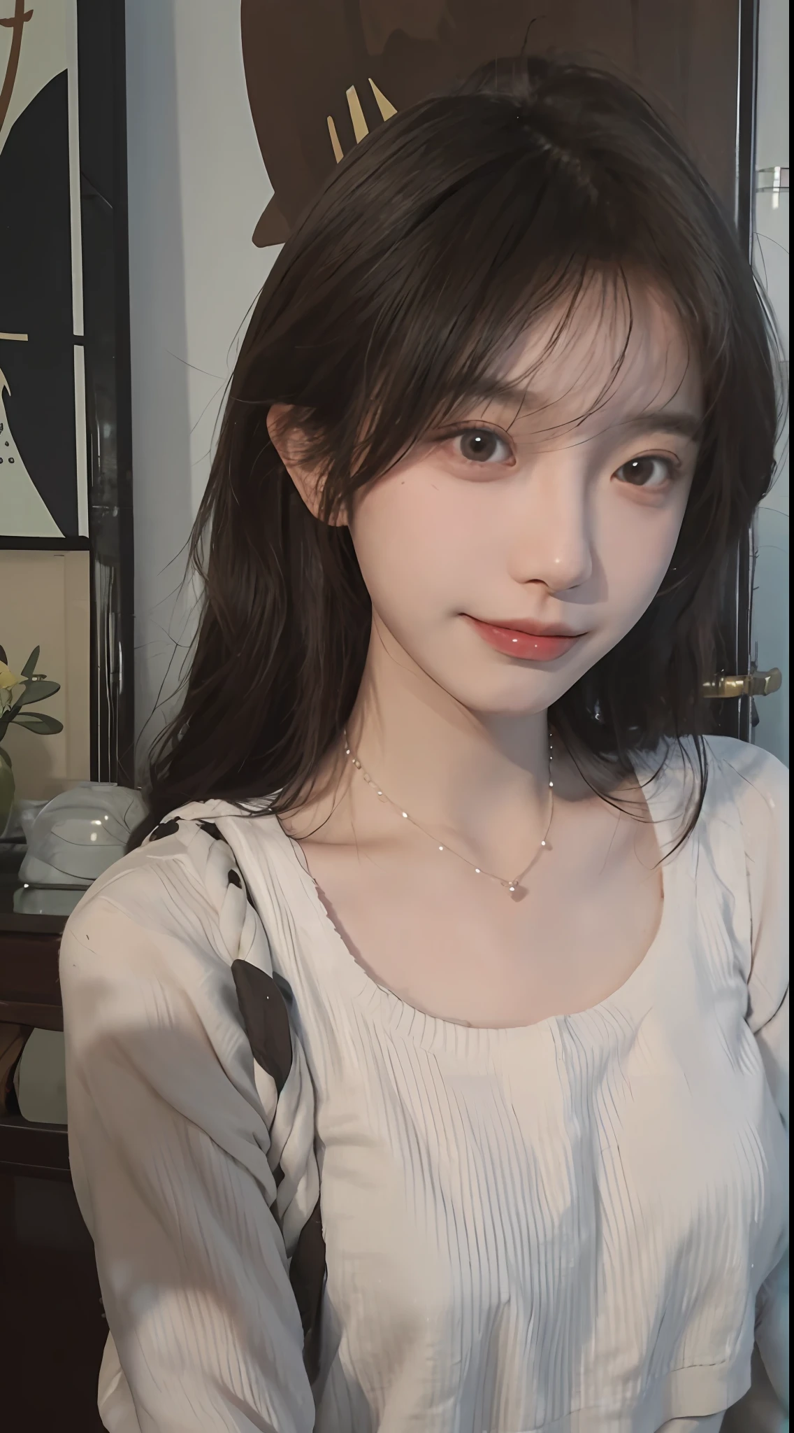 best qualtiy, 超高分辨率, (realisticlying:1.4),cute hairpin,Baoyu Girl,1girll, Beautiful woman with a slim figure:1.4, Abs:1.1, (A brown-haired, mideum breasts:1.3), Long pink sweater:1.1, 浴室,Ultra-fine face,Elaborate Eyes,二重まぶた,ssmile,choker necklace