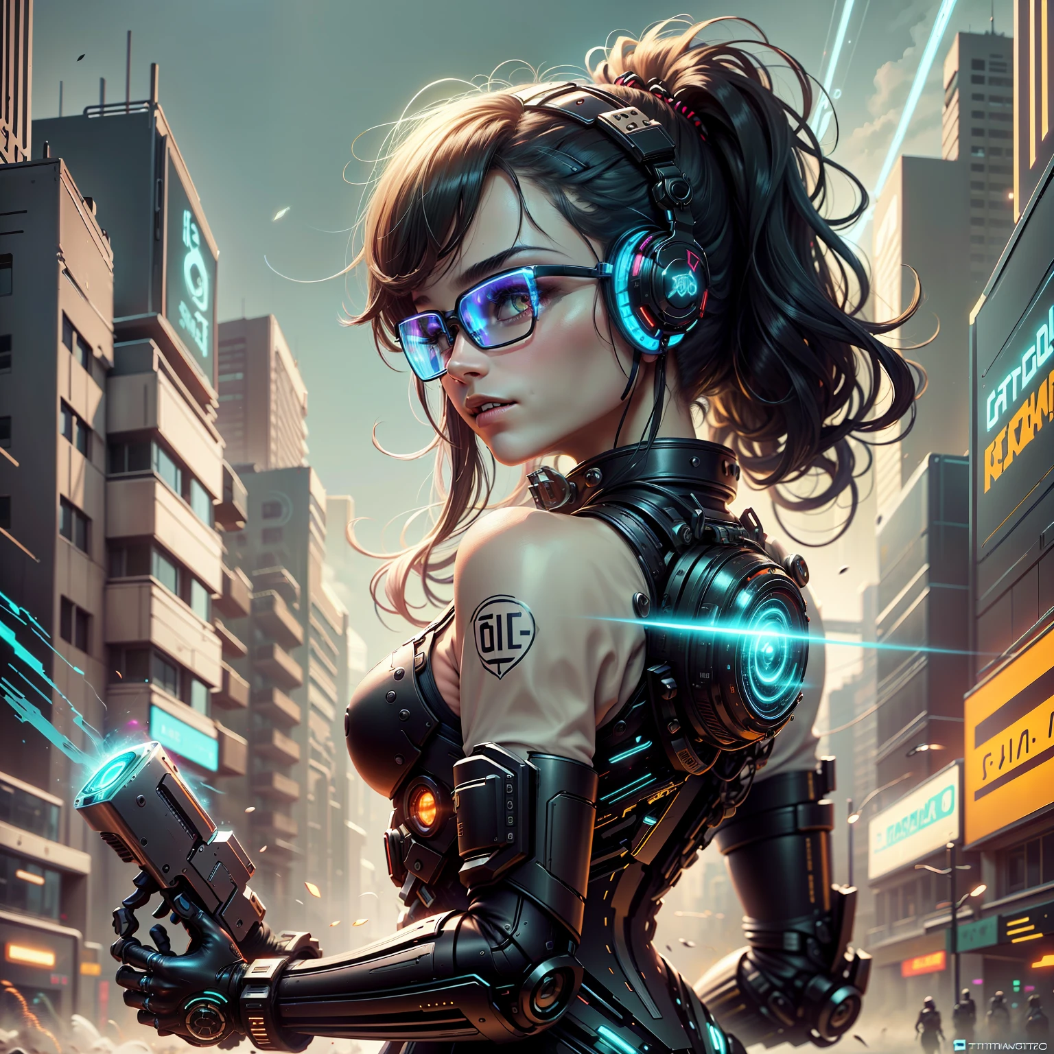 garota semi-realista, cabelos curtos, oculos steam pank estilo aviador, estilo cyberpunk, futurista,cidade neon, detalhes complexos, desenho, escuro, sombrio, cenario noturno, carros voadores, placas em chines 1 , Chinese_Clothes, metallic black titanium and crimson, Cyberhan, Cheongsam, CIDADE CYBERPUNK, dynamic pose, Fones de ouvido luminosos detalhados, luminous hair accessories, cabelos longos, brincos luminosos, colar brilhante, Cyberpunk, Cidade de alta tecnologia, full of mechanical and futuristic elements, Futurismo, Tecnologia, glowing neon, vermelho, luz vermelha, saia sexy, translucent black cape, luz laser, digital background city sky, lua grande, with vehicles, best quality, master part, 8k, luz de borda de caractere, Super alto detalhe, alta qualidade, O macho mais bonito da humanidade, sorrir, Face voltada para a frente esquerda e direita simetria, ear decoration, brilho longo da antena, Alunos bonitos, efeitos de luz, Dados visuais, cabelos tingidos de vermelho-laranja prateado, textura facial ultra-detalhada, Feliz, sistema de armas, transeuntes de rua lotados, estilo mecha, goggles, head-mounted glowing antenna