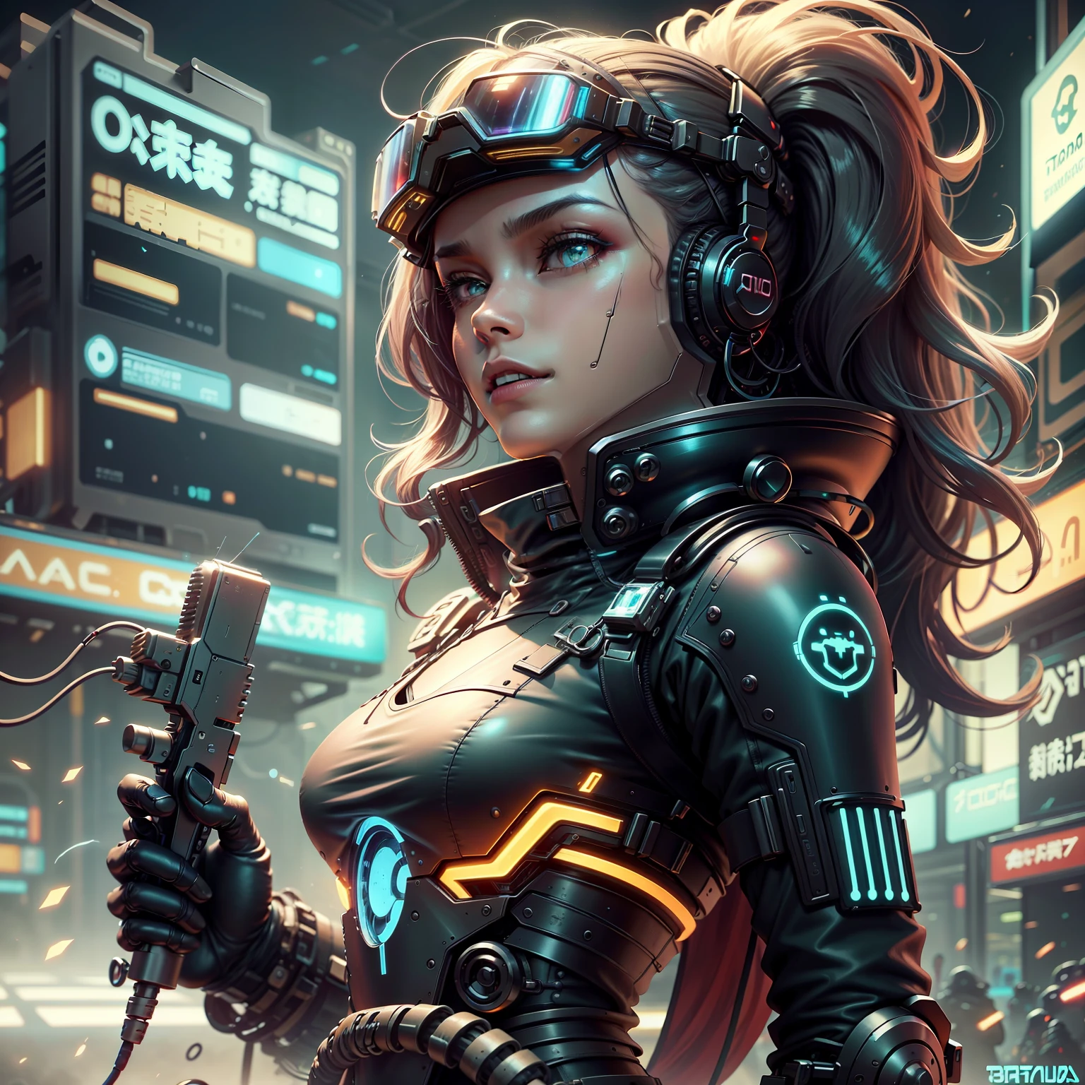 garota semi-realista, cabelos curtos, oculos steam pank estilo aviador, estilo cyberpunk, futurista,cidade neon, detalhes complexos, desenho, escuro, sombrio, cenario noturno, carros voadores, placas em chines  1 menino, Chinese_Clothes, metallic black titanium and crimson, Cyberhan, Cheongsam, CIDADE CYBERPUNK, dynamic pose, Fones de ouvido luminosos detalhados, luminous hair accessories, cabelos longos, brincos luminosos, colar brilhante, Cyberpunk, Cidade de alta tecnologia, full of mechanical and futuristic elements, Futurismo, Tecnologia, glowing neon, vermelho, luz vermelha, saia sexy, translucent black cape, luz laser, digital background city sky, lua grande, with vehicles, best quality, master part, 8k, luz de borda de caractere, Super alto detalhe, alta qualidade, O macho mais bonito da humanidade, sorrir, Face voltada para a frente esquerda e direita simetria, ear decoration, brilho longo da antena, Alunos bonitos, efeitos de luz, Dados visuais, cabelos tingidos de vermelho-laranja prateado, textura facial ultra-detalhada, Feliz, sistema de armas, transeuntes de rua lotados, estilo mecha, goggles, head-mounted glowing antenna