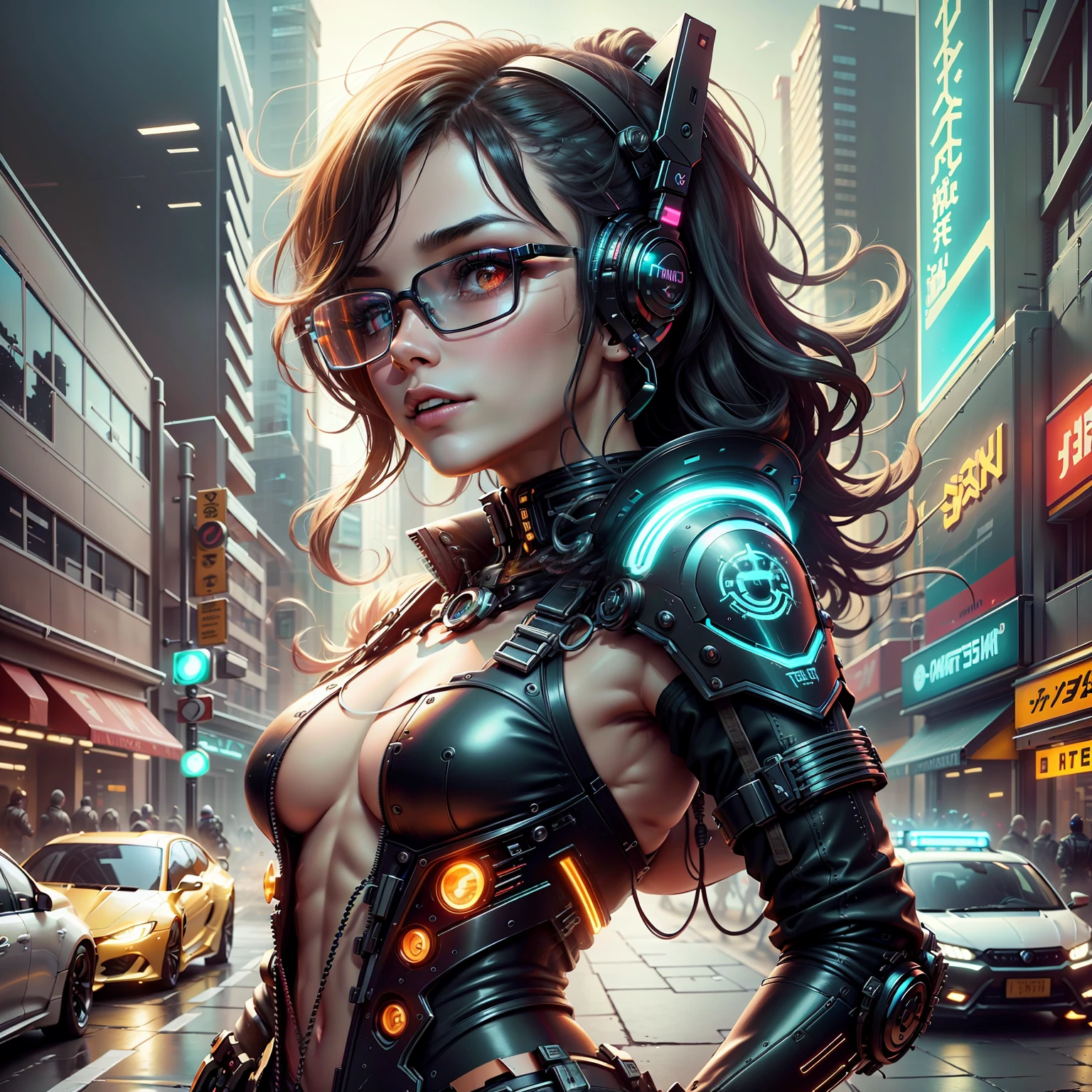 garota semi-realista, cabelos curtos, oculos steam pank estilo aviador, estilo cyberpunk, futurista,cidade neon, detalhes complexos, desenho, escuro, sombrio, cenario noturno, carros voadores, placas em chines 1 , Chinese_Clothes, metallic black titanium and crimson, Cyberhan, Cheongsam, CIDADE CYBERPUNK, dynamic pose, Fones de ouvido luminosos detalhados, luminous hair accessories, cabelos longos, brincos luminosos, colar brilhante, Cyberpunk, Cidade de alta tecnologia, full of mechanical and futuristic elements, Futurismo, Tecnologia, glowing neon, vermelho, luz vermelha, saia sexy, translucent black cape, luz laser, digital background city sky, lua grande, with vehicles, best quality, master part, 8k, luz de borda de caractere, Super alto detalhe, alta qualidade, O macho mais bonito da humanidade, sorrir, Face voltada para a frente esquerda e direita simetria, ear decoration, brilho longo da antena, Alunos bonitos, efeitos de luz, Dados visuais, cabelos tingidos de vermelho-laranja prateado, textura facial ultra-detalhada, Feliz, sistema de armas, transeuntes de rua lotados, estilo mecha, goggles, head-mounted glowing antenna