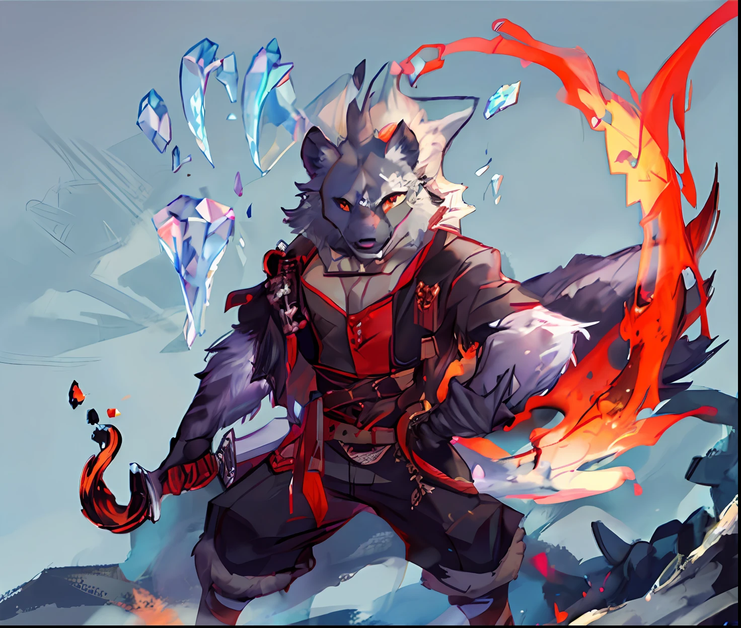 A male holding a curved sword behind his back, anthro male hyena, hyena furry, white spotted fur, red hands, black claws, one eye crystal, crystal mow-hawk, refracting crystal eye