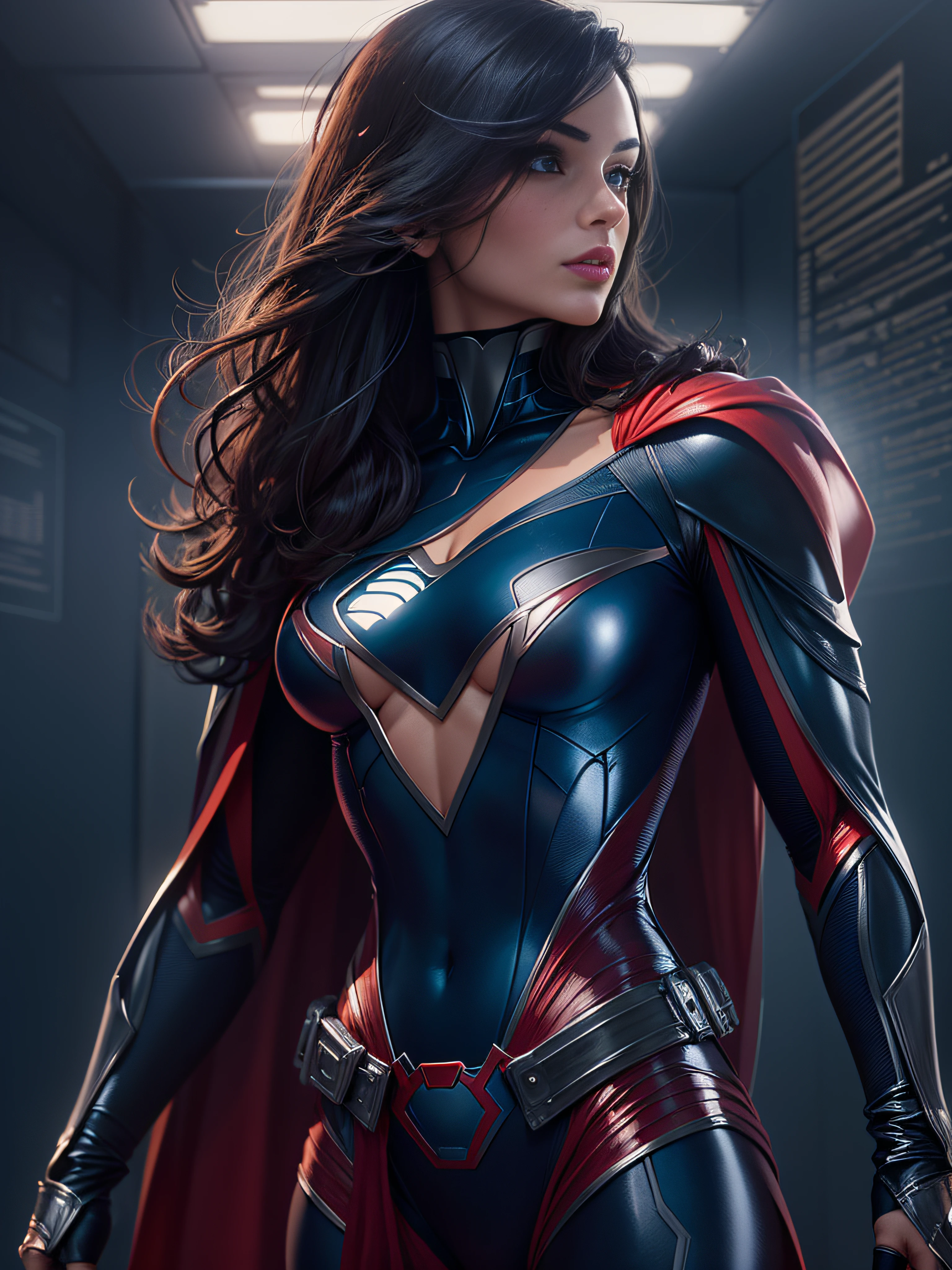 mujer Superheroina, inspirada en superman, traje de cuero brillante, fondo futurista, cuerpo completo, cabello largo, cabello negro, cabello despeinado
