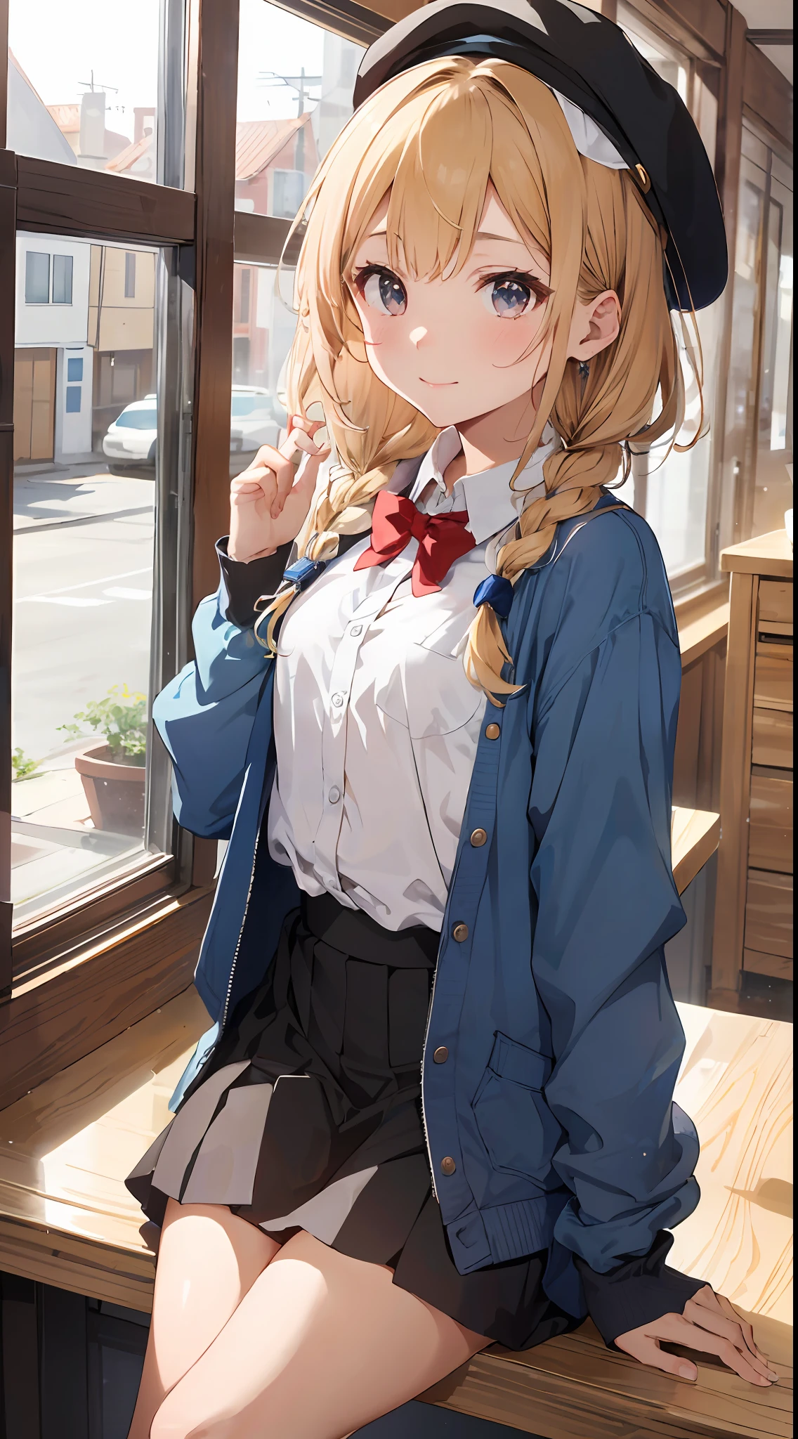 Masterpiece to the smallest detail、top-quality、1girl in、独奏、25-years old、140 cm、Petanko、(((Small:1.9)))、Hair with silky texture、Semi-long、Braids、Two-color mesh、Realistic eyes、Outstanding looks、unclear、proximity、closed_mouth、a smile、red blush、full of shyness、Hats that look good、Hats、pink bowtie、校服、 Blue jacket、jaket、skirt by the、Gray pretz skirt、Cutter shirt、white shirt、an legs、Black socks、sitting on、s Office、hair_ornament、looking_at_viewer、beatiful detailed eyes、Charming gestures、undergarment、seductiv、Professional effects、invite、Born princess、Receptionist、Large Enterprise Building