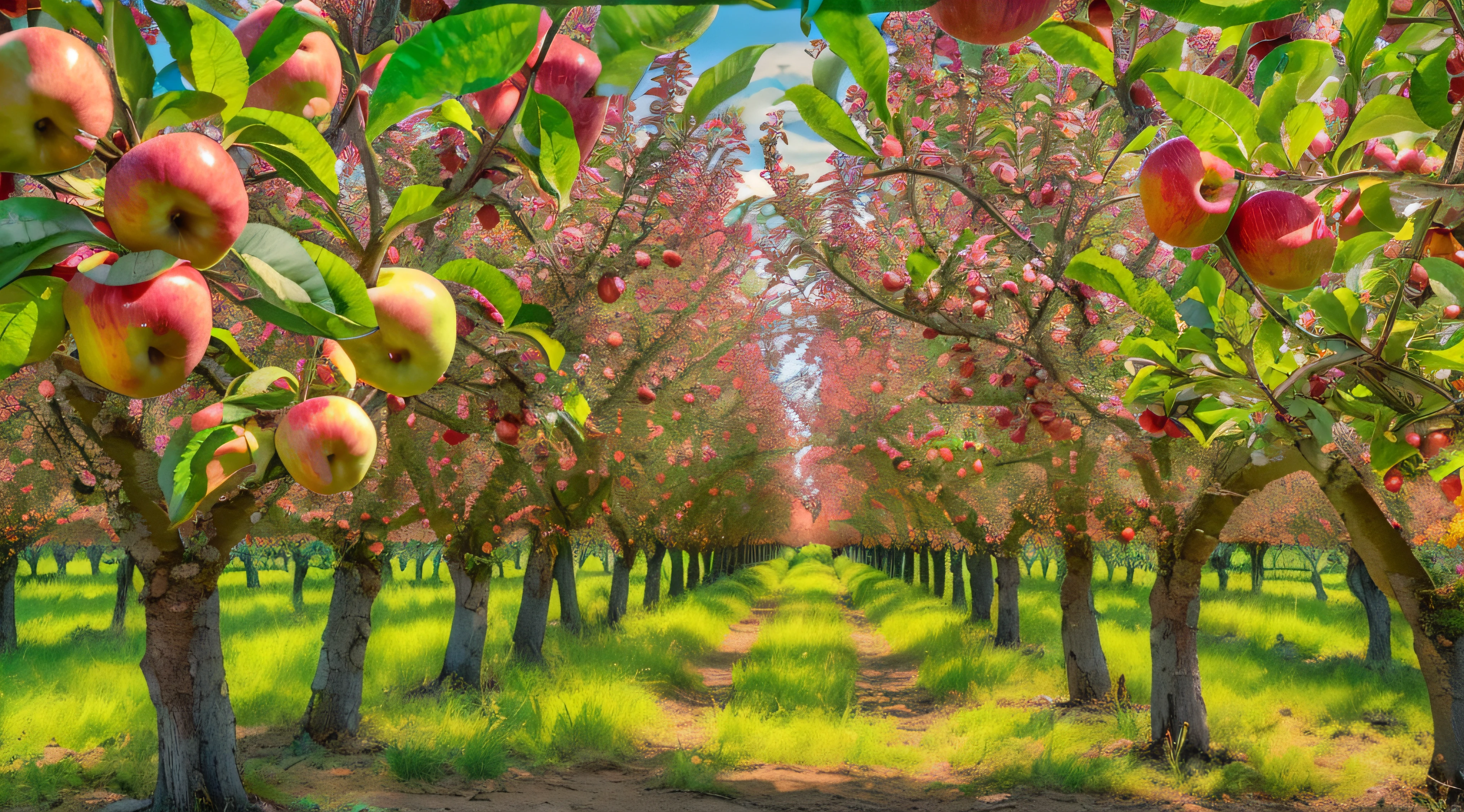 real photo of apple orchard, Washington state, apple farm, looking through row of apple trees, green trees, green leaves, (masterpiece), (best quality) (detailed) (8k) (HDR) (cinematic lighting) (sharp focus) (intricate), HDR, hyper-realistic, color graded, beautiful, ripe, shiny, realistic picture, ultra high quality, stunning, closeup, perfect