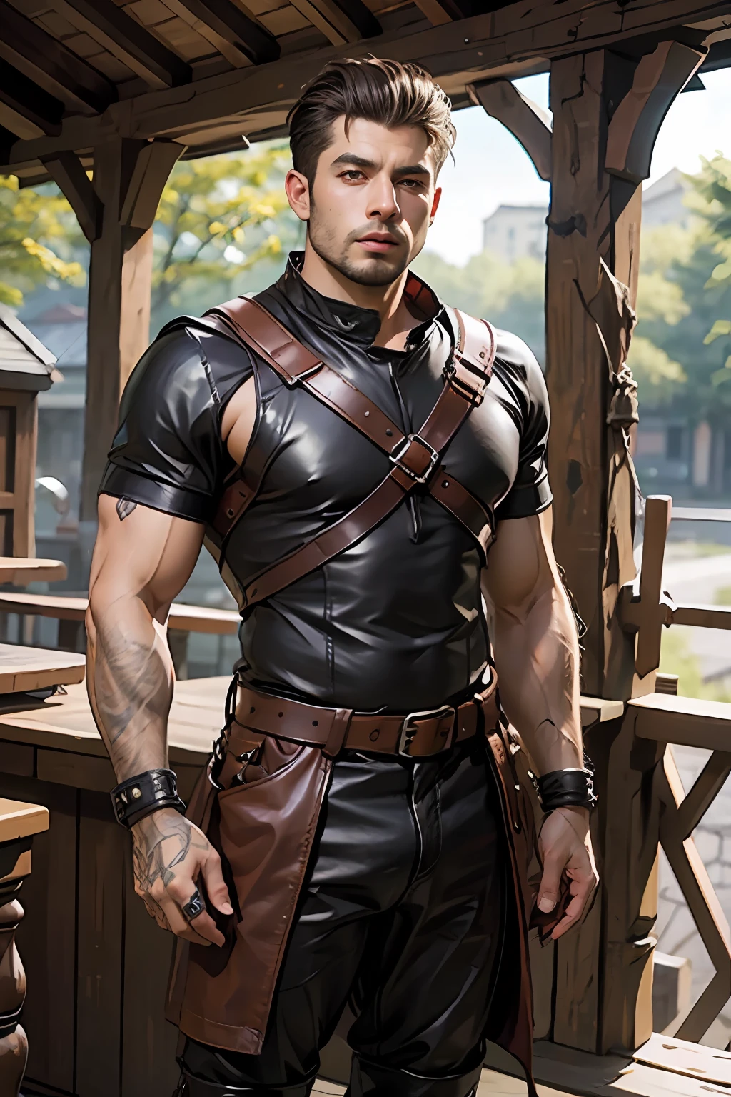 Bald beard muscular handsome full leather outfit Wear medieval