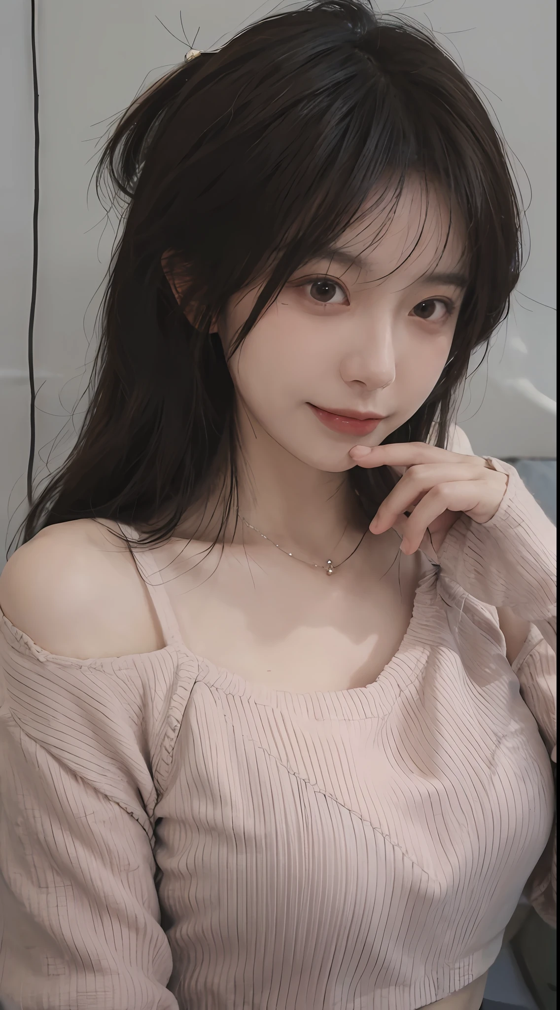 best qualtiy, 超高分辨率, (realisticlying:1.4),cute hairpin,Baoyu Girl,1girll, Beautiful woman with a slim figure:1.4, Abs:1.1, (A brown-haired, mideum breasts:1.3),The upper part of the body:1.4, Long pink sweater:1.1, 浴室,Ultra-fine face,Elaborate Eyes,二重まぶた,ssmile,choker necklace