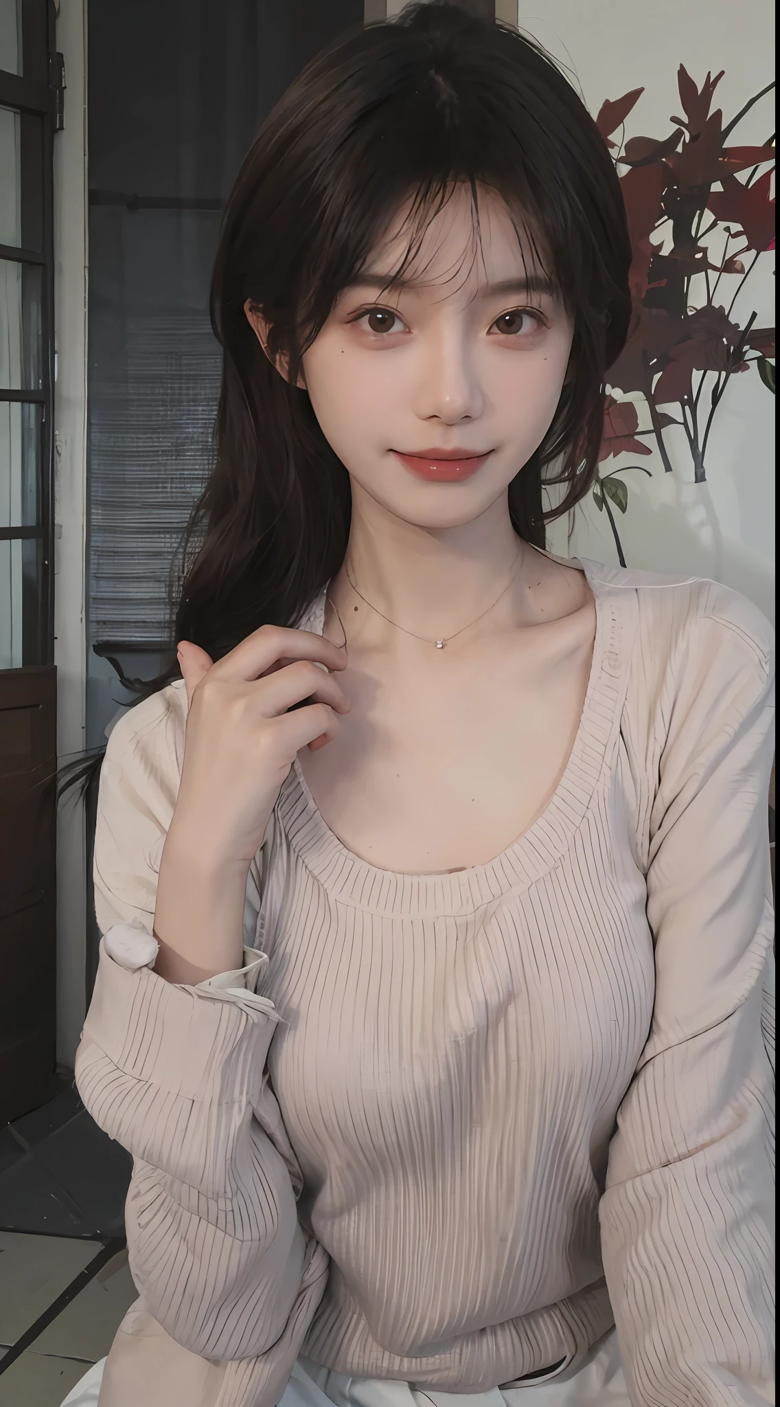 best qualtiy, 超高分辨率, (realisticlying:1.4),cute hairpin,Baoyu Girl,1girll, Beautiful woman with a slim figure:1.4, Abs:1.1, (A brown-haired, mideum breasts:1.3),The upper part of the body:1.4, Long pink sweater:1.1, 浴室,Ultra-fine face,Elaborate Eyes,二重まぶた,ssmile,choker necklace
