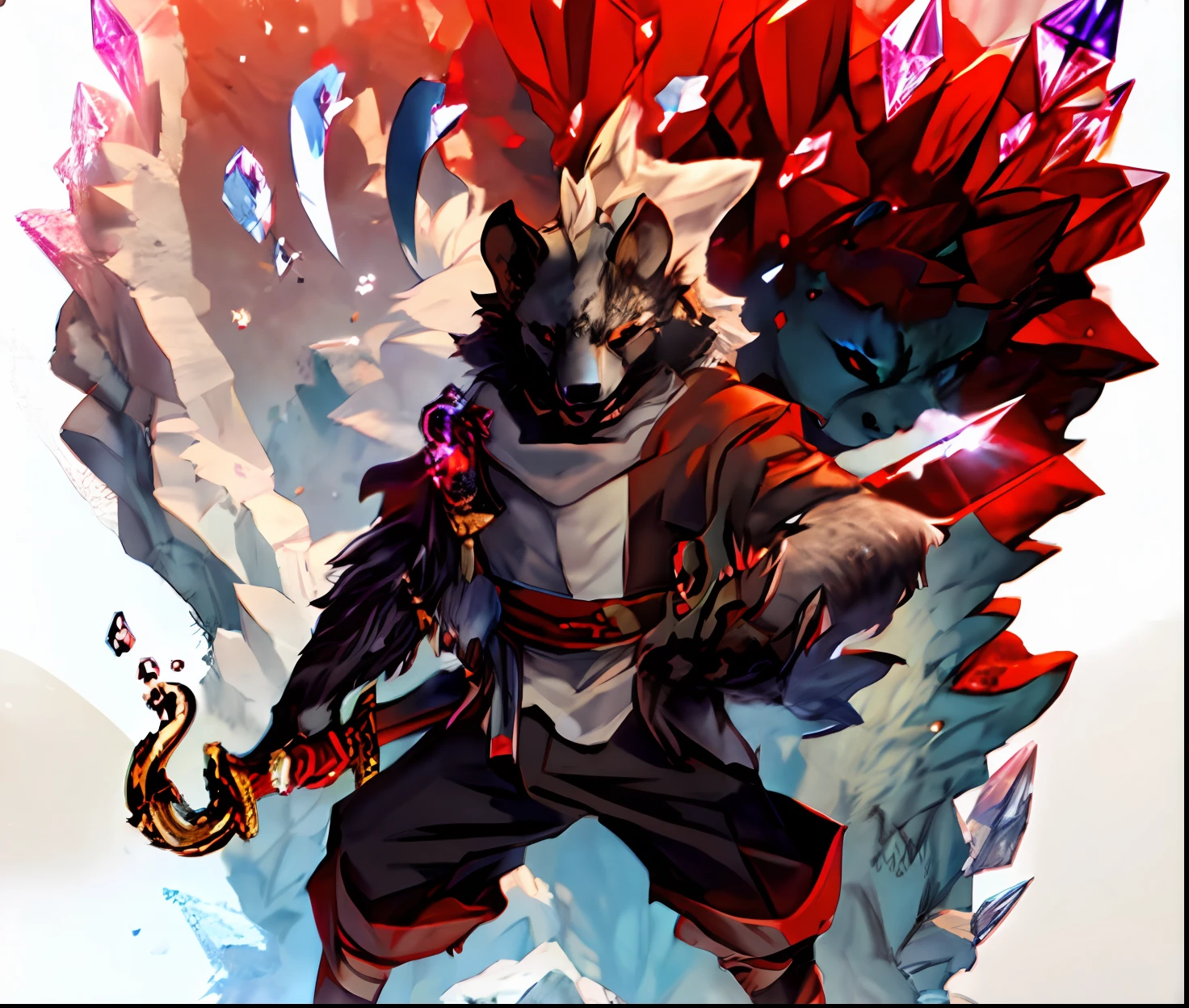 A male holding a curved sword behind his back, anthro male hyena, hyena furry, white spotted fur, red hands, black claws, one eye crystal, crystal mow-hawk, refracting crystal eye