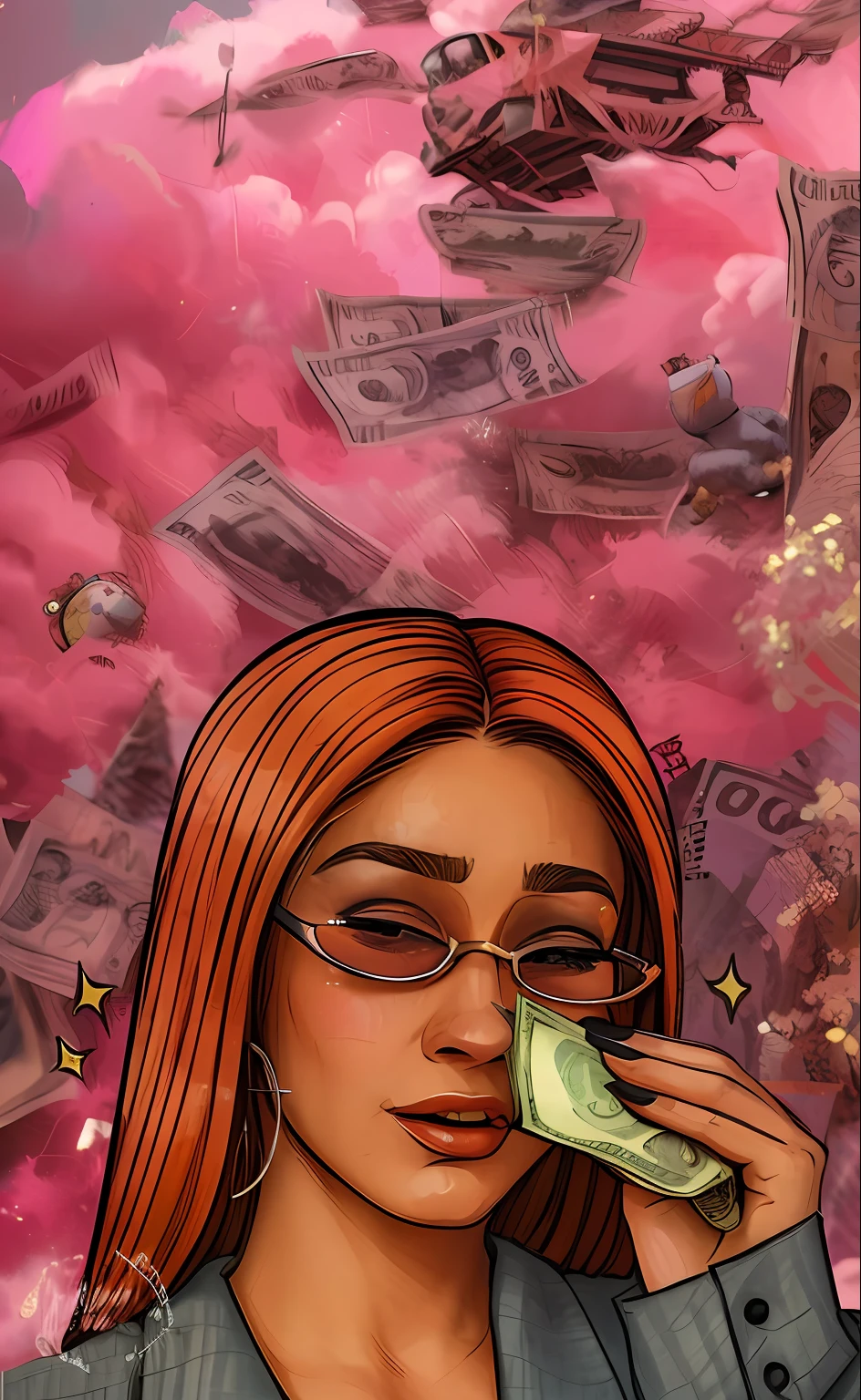 a woman with red hair and sunglasses holding a bill of money, estilo de arte dos desenhos animados, Retrato NFT, toon aesthetic, estilo de arte impressionante, in illustration style digital, arte digital. @mariomaniacdude, Cartoon style illustration, Arte NFT, Loish |, trending on artstration, Gato Doja, obras de arte pagas, stylized digital illustration