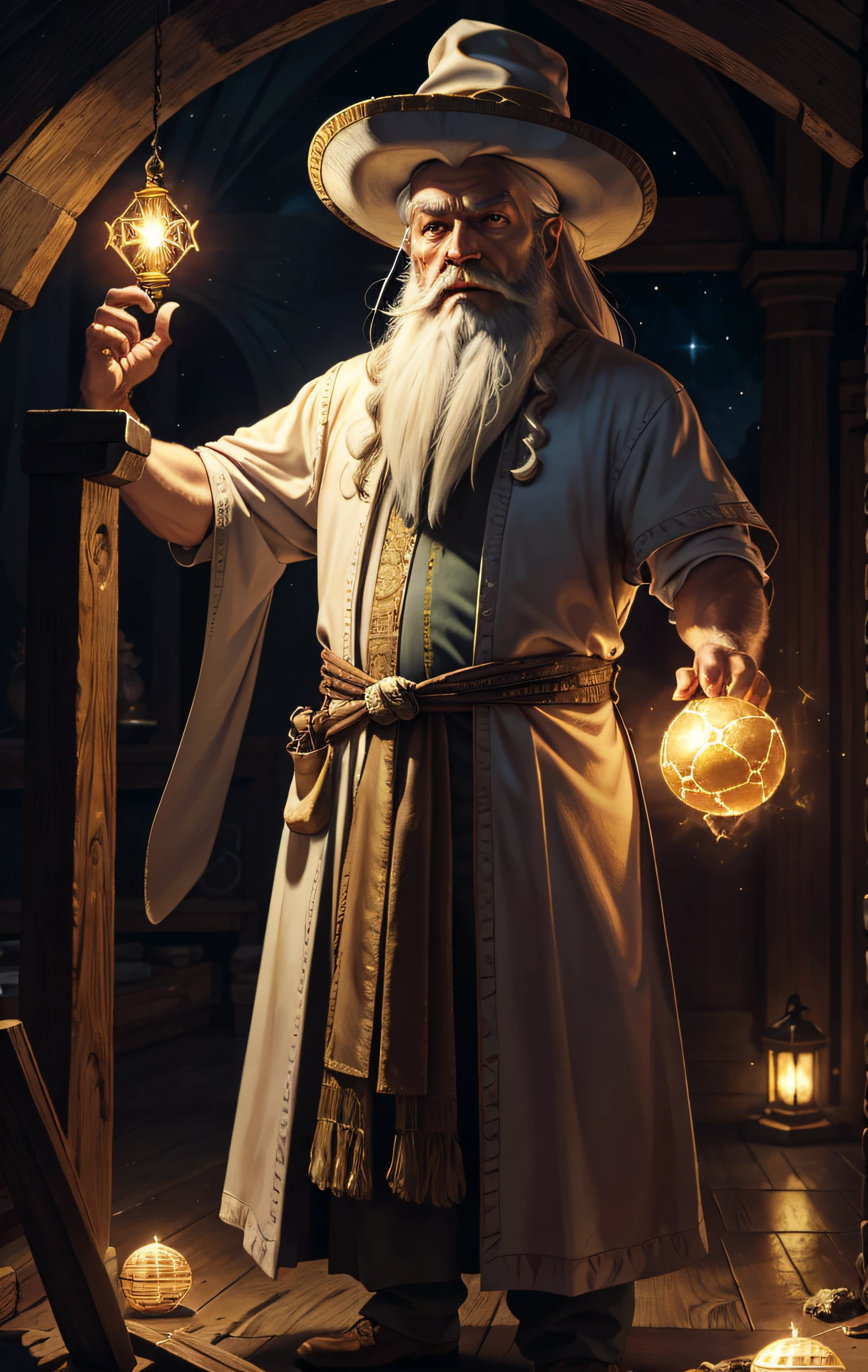 Masterwork: 1.2), (Best Quality), Detailed, UHD, Cinematic Lighting, Sharp Focus, (Illustration: 1.1), Intricate, Old Wizard with long white hair and beard, wearing a wizard's robe and hat, pondering over a glowing orb, in dimly lit room, magician's room, bright lights, flashing lights, Diamond Archetypes, diamonds everywhere, Gold Bars being part of the scenery, LEBBY with eyes fixed on the screen.