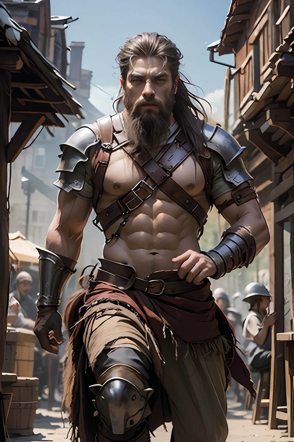Muscular handsome warrior medieval beard riding great Legendary roaring lion