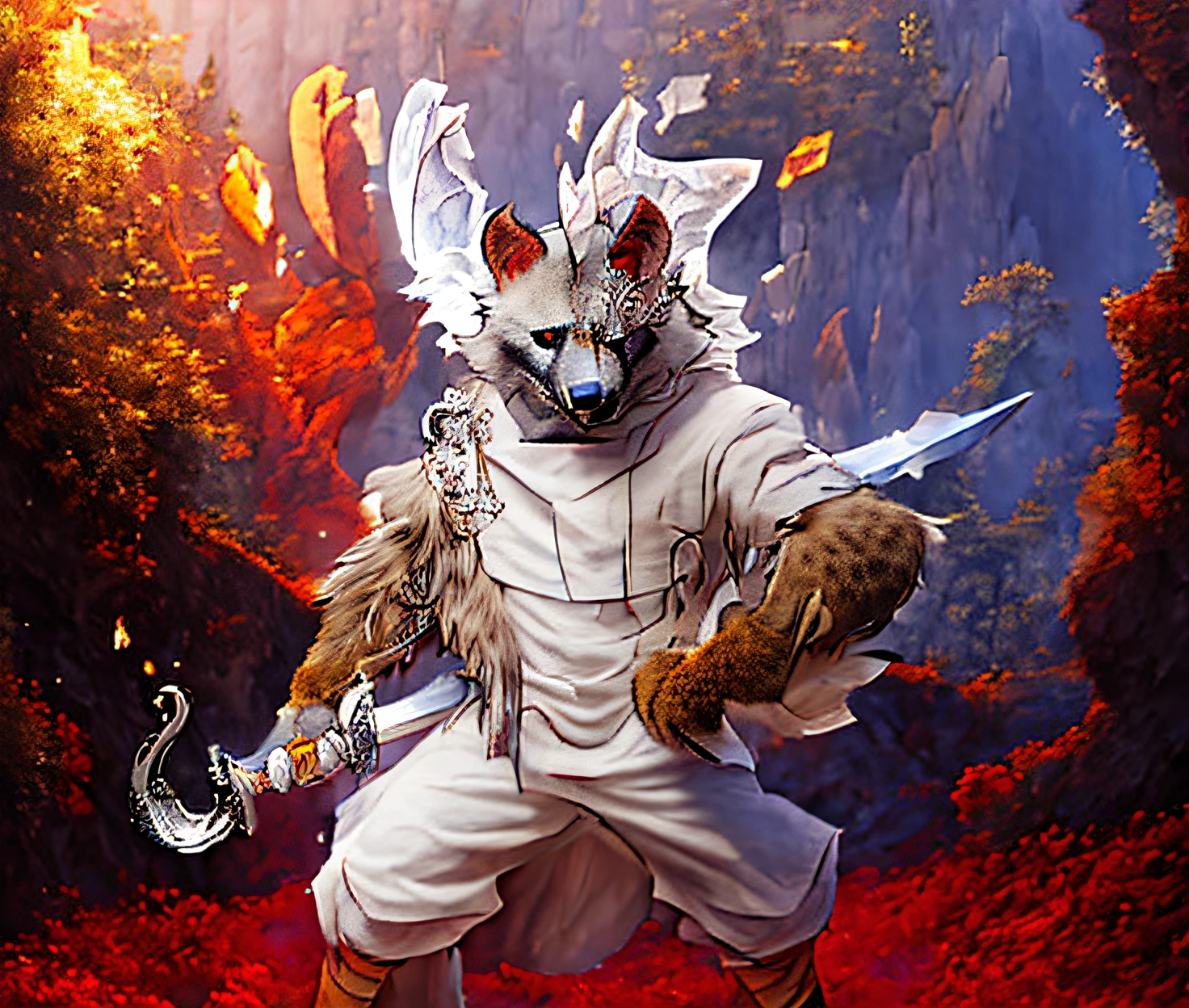 A male holding a curved sword behind his back, anthro male hyena, hyena furry, white spotted fur, red hands, black claws, one eye crystal, crystal mow-hawk, refracting crystal eye