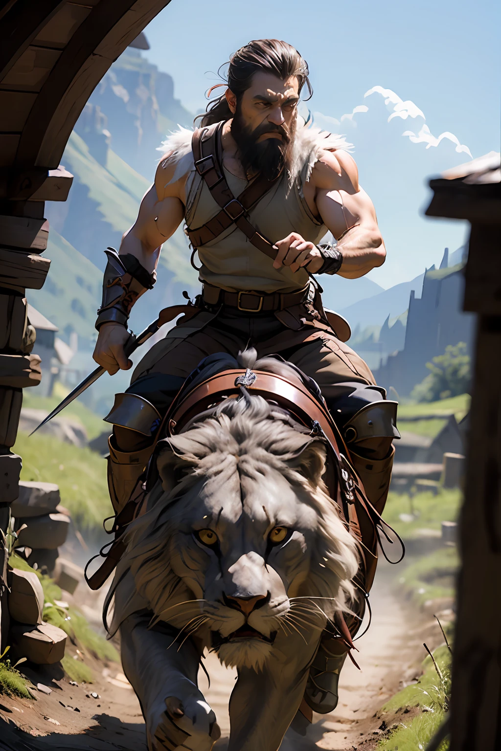 Muscular handsome warrior medieval beard riding great Legendary roaring lion
