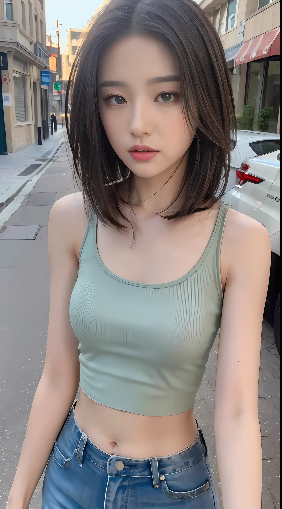 ((Best quality, 8k, Masterpiece :1.3)), Sharp focus: 1.2, Perfect Body Beauty: 1.4, Slim Abs: 1.2, ((Layered hairstyle: 1.2)), (Tank top shirt:1.1), (Street: 1.2), Highly detailed face and skin texture, Fine eyes, Double eyelids