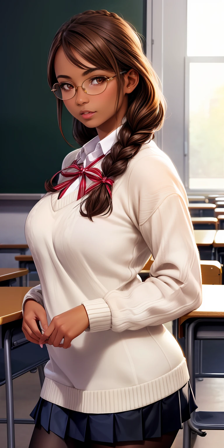 best quality, ultra high res, classroom, chic, (photorealistic:1.4), 1girl, dark tan skin, caramel brown hair, gyaru, ribbon hair tie, glasses, side braid, sweater, pleated skirt, dark skin, pantyhose