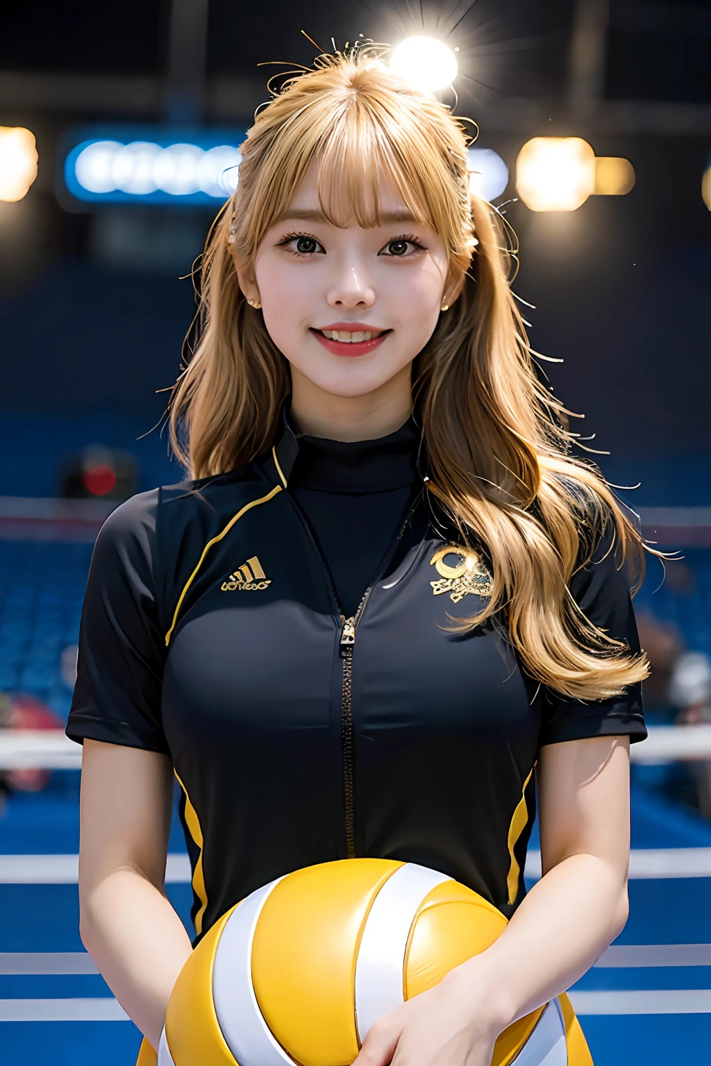 Best quality, masterpiece, ultra high res, (photorealistic: 1.4), highly detailed, professional lighting smile, Stick out the tip of the tongue. Golden-haired black woman playing volleyball, in stadium, tight suit