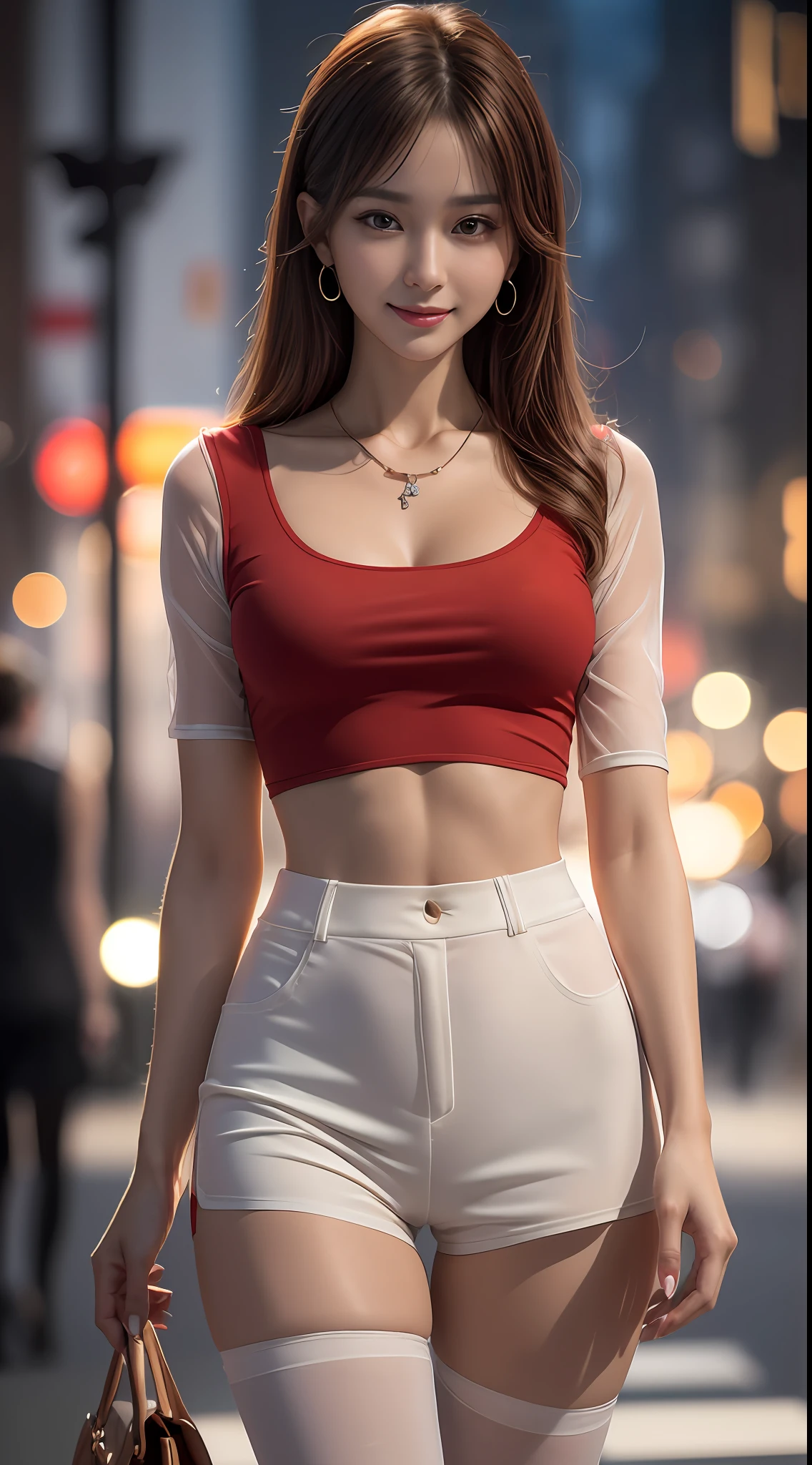 8k, masterpiece, RAW photo, best quality, photorealistic, extremely detailed CG unity 8k wallpaper, Depth of field, Cinematic Light, Lens Flare, Ray tracing, (extremely beautiful face, beautiful lips, beautiful eyes), intricate detail face, ((ultra detailed skin)) 1girl, in the dark, deep shadow, pretty korean girl, kpop idol,(very slim slender fit-muscled body:1.3), ((looking at viewer)),(big smile:1.3), (fashion city night, (neon sign), (blurry background), midnight, (no people), (without people in the background:1.3), pretty korean girl, white diamond earrings, dia bracelets, dia necklace, hose, clear eyes, walking , front shot, (pale skin), face forward, (big eyes), full body shot, ((see through, white color top)), ((red color shorts:1.3)), (brown hairs) (looking at viewer:1.3), (see through blouse), open breasy slim, medium breasts, Heg, ((camel toe))