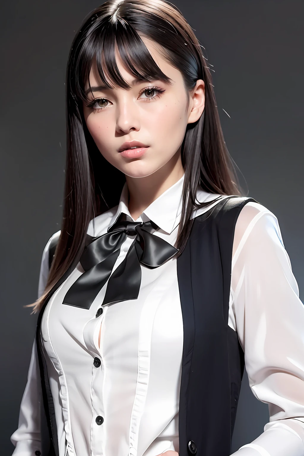 1 girl, beautiful vintage color, Instagram (photorealistic, high resolution: 1.4), staring viewer ((puffy eyes)), full body (8k, RAW photo, highest quality, masterpiece: 1.2), (realistic, photorealistic): 1.37), (sharp focus: 1.2), professional lighting, photon mapping, Radiosity, Physically Based Rendering, (White Skin: 1.2), (Small: 1.2), Viewer's Gaze, (Middle Hair: 1.5), Portrait, Purple Eyes, (Silver Hair: 1.1), Bangs, (Simple Background: 1.4), Solo, Upper Body, Realistic, (Masterpiece: 1.4), (Best Quality: 1.4), (Glossy Skin), Fashion Girl, Makeup, Smile (Skinny, Mouth Closed, Shy: 1.3) , (standing, black stewardess uniform, necromancer: 1.1), medium bust,