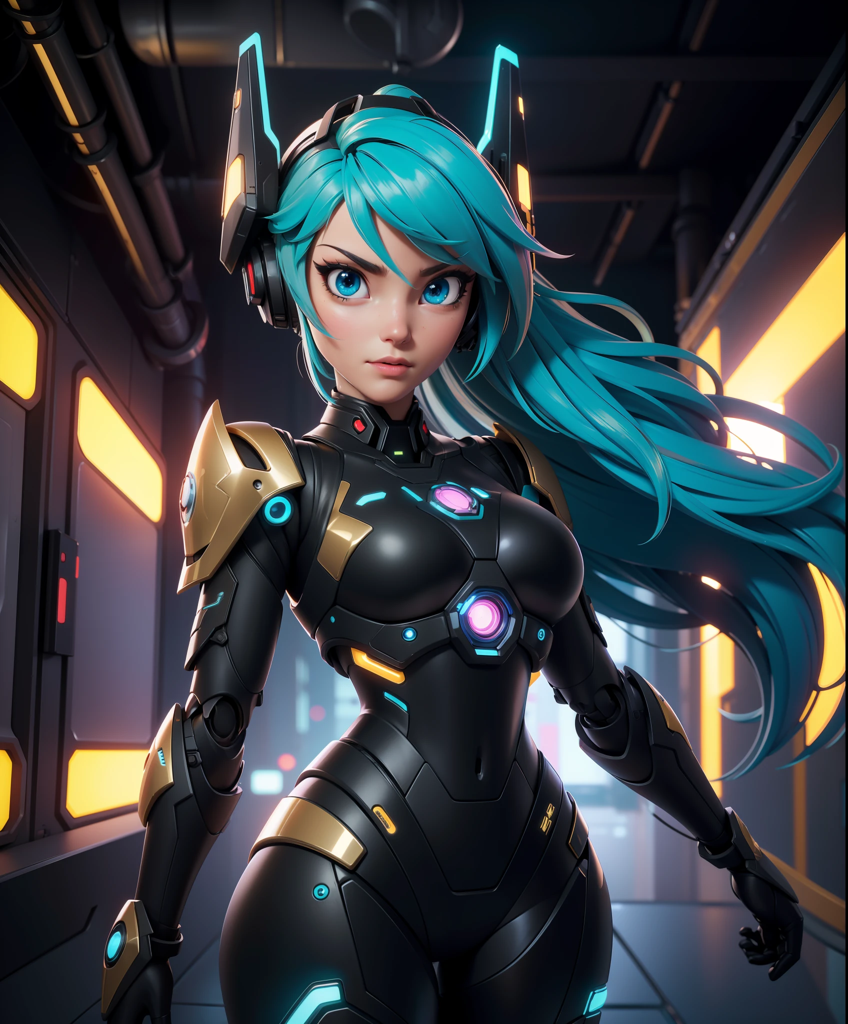 cgmech, beautiful eyes, upper body, underboob,  portrait, robot, armor, Hatsune Miku, neon light, 8K, RAW, best quality, masterpiece, ultra high res, colorful, (medium wide shot), (dynamic perspective), sharp focus , (depth of field, bokeh:1.3), extremely detailed eyes and face, beautiful detailed eyes,large breasts,(black gold, trimmed gear:1.2),(In a futuristic weapons factory:1.2), ((masterpiece, best quality)), Detailed background, spaceship interior