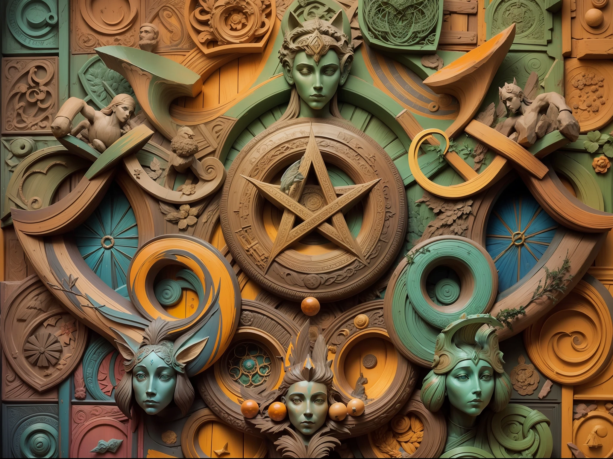 Escultura em madeira colorida detalhada, plastic look, impressive composition of Wicca symbols, Use a warm palette to create an amazing image.