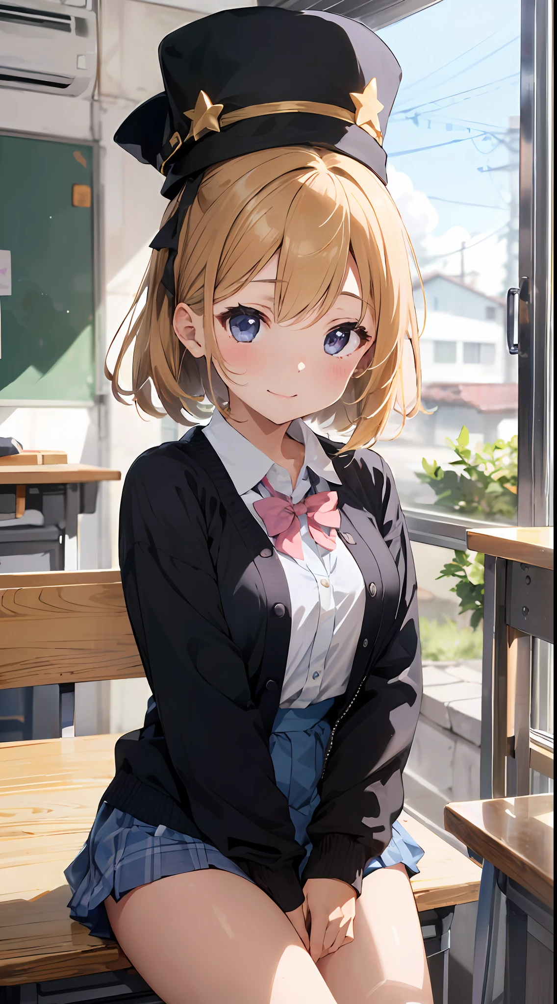 Masterpiece to the smallest detail、top-quality、realisitic、1girl in、独奏、18year old、Looks like 5 、140cm petite beautiful girl、small tits、5 year old ir、short-hair、Twin-tailed、Pink and violet mesh、Tall, big eyes、Outstanding looks、A lovely child、proximity、closed_moutmile、red blush、full of shyness、blue headwear、Hats、pink bowtie、校服、 Blue Blazer、blazers、Pretz skirt、grey skirt、Silk blouse、White blouses、an legs、Black socks、sitting on、Classroom、hair_ornament、looking_at_viewer、beatiful detailed eyes、Realistic eyes、panties on、unclear、Professional effects、unclear、Enhanced elegance、Innocent、wretched、maidennurse