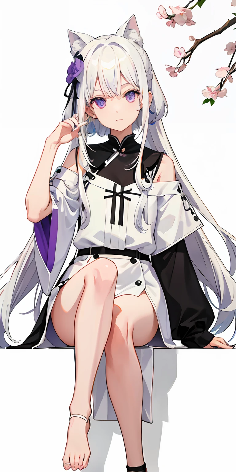 1girll、White hair、O cabelo multicolorido、Purple eye、Wear a mask on your head、Sideslit、light particules、the wallpaper、duck sitting
