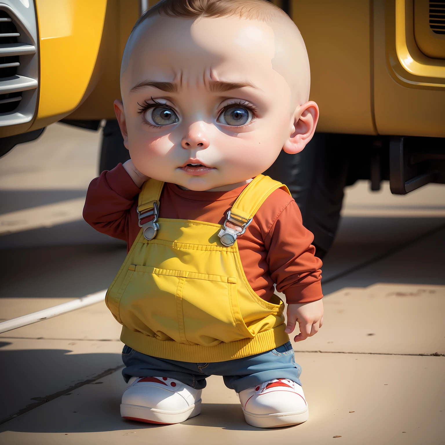 Stewie Griffin,  boy character from family guy with British accent, a 1 year olars bright red overalls with a yellow long sleeve shirt underneath, signature football shaped head, white shoes
