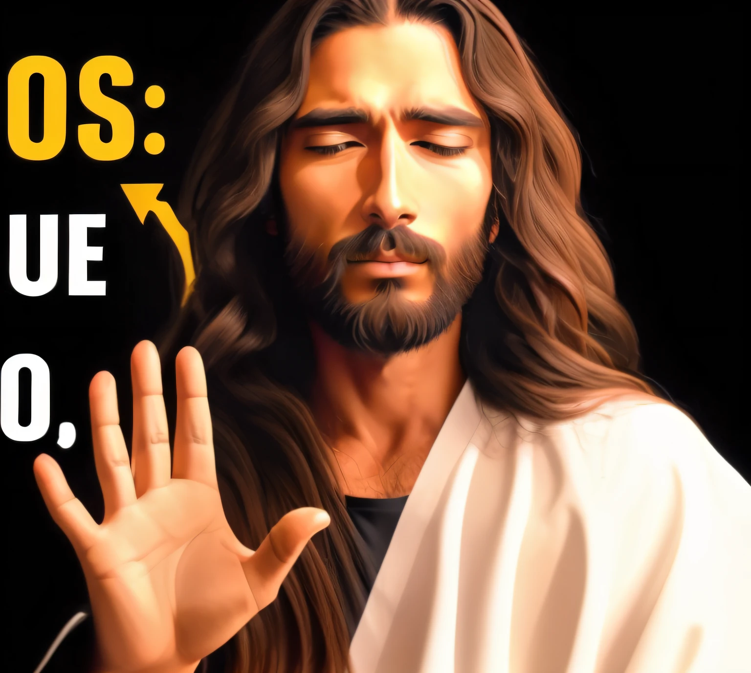 a closeup of a person with their hand up in front of a black background, Jesus, Jesus Gigachad, Jesus Cristo, rosto de Jesus, jesus wasted at a party, sem ouvidos, Jovem Deus Todo-Poderoso, Her eyes are closed, Nicodemos, ! holding in his hand !, Jesus Cristo Fumando um Blunt, efeito de pintura muito realista, O Senhor e Salvador