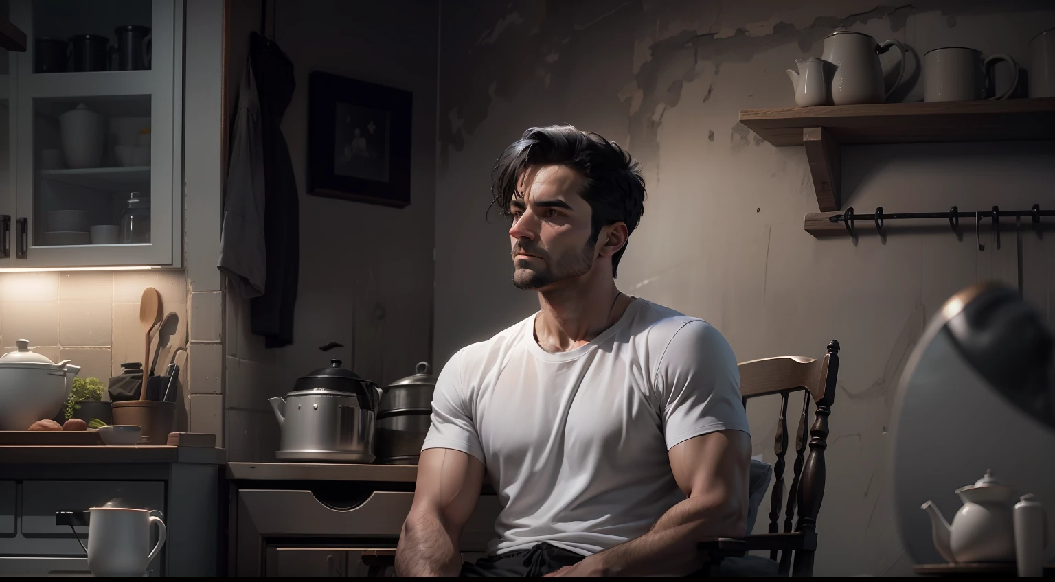 ultra realistic image, 8k, of a 37-year-old man, short black hair, dressed in a white t-shirt and black shorts, pensive, sitting on a chair in a humble farmhouse kitchen, night, dark environment