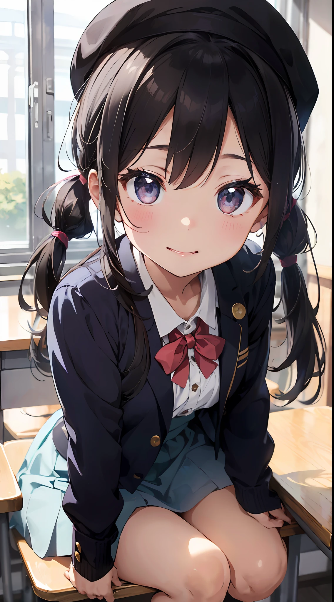 Masterpiece to the smallest detail、top-quality、realisitic、1girl in、独奏、18year old、Looks like 5 years old、140cm petite beautiful girl、small tits、5 year old baby face、Silky hair、Long、pigtails、Pink and violet mesh、Tall, big eyes、Outstanding looks、A lovely child、proximity、closed_mouth、a smile、red blush、full of shyness、blue headwear、Hats、pink bowtie、校服、 Blue Blazer、blazers、Pretz skirt、grey skirt、Silk blouse、White blouses、an legs、Black socks、sitting on、Classroom、hair_ornament、looking_at_viewer、beatiful detailed eyes、Realistic eyes、panties on、unclear、Professional effects、unclear、Enhanced elegance、Innocent、wretched、maidennurse
