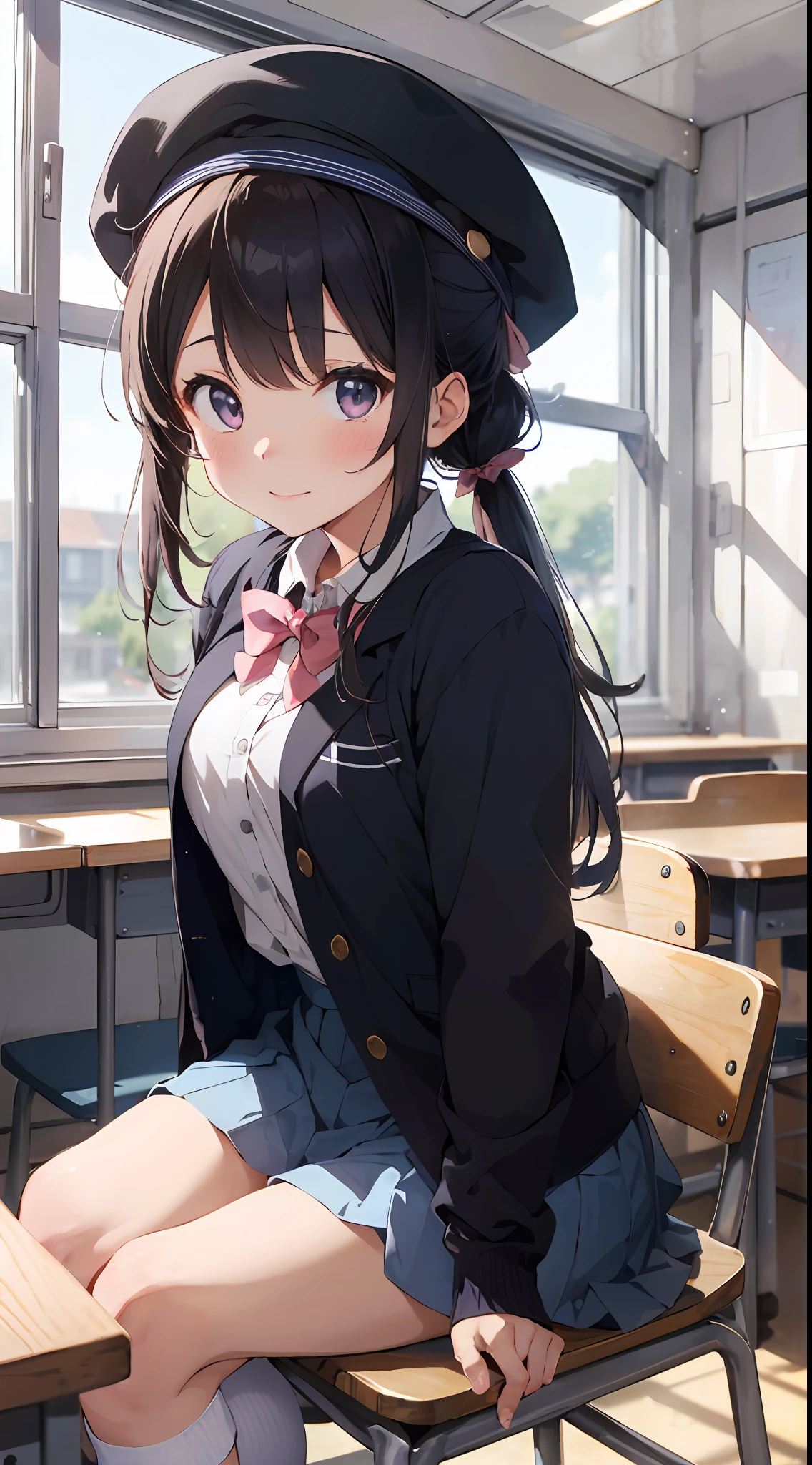 Masterpiece to the smallest detail、top-quality、realisitic、1girl in、独奏、18year old、Looks like 5 years old、140cm petite beautiful girl、small tits、5 year old baby face、Silky hair、Long、pigtails、Pink and violet mesh、Tall, big eyes、Outstanding looks、A lovely child、proximity、closed_mouth、a smile、red blush、full of shyness、blue headwear、Hats、pink bowtie、校服、 Blue Blazer、blazers、Pretz skirt、grey skirt、Silk blouse、White blouses、an legs、Black socks、sitting on、Classroom、hair_ornament、looking_at_viewer、beatiful detailed eyes、Realistic eyes、panties on、unclear、Professional effects、unclear、Enhanced elegance、Innocent、wretched、maidennurse