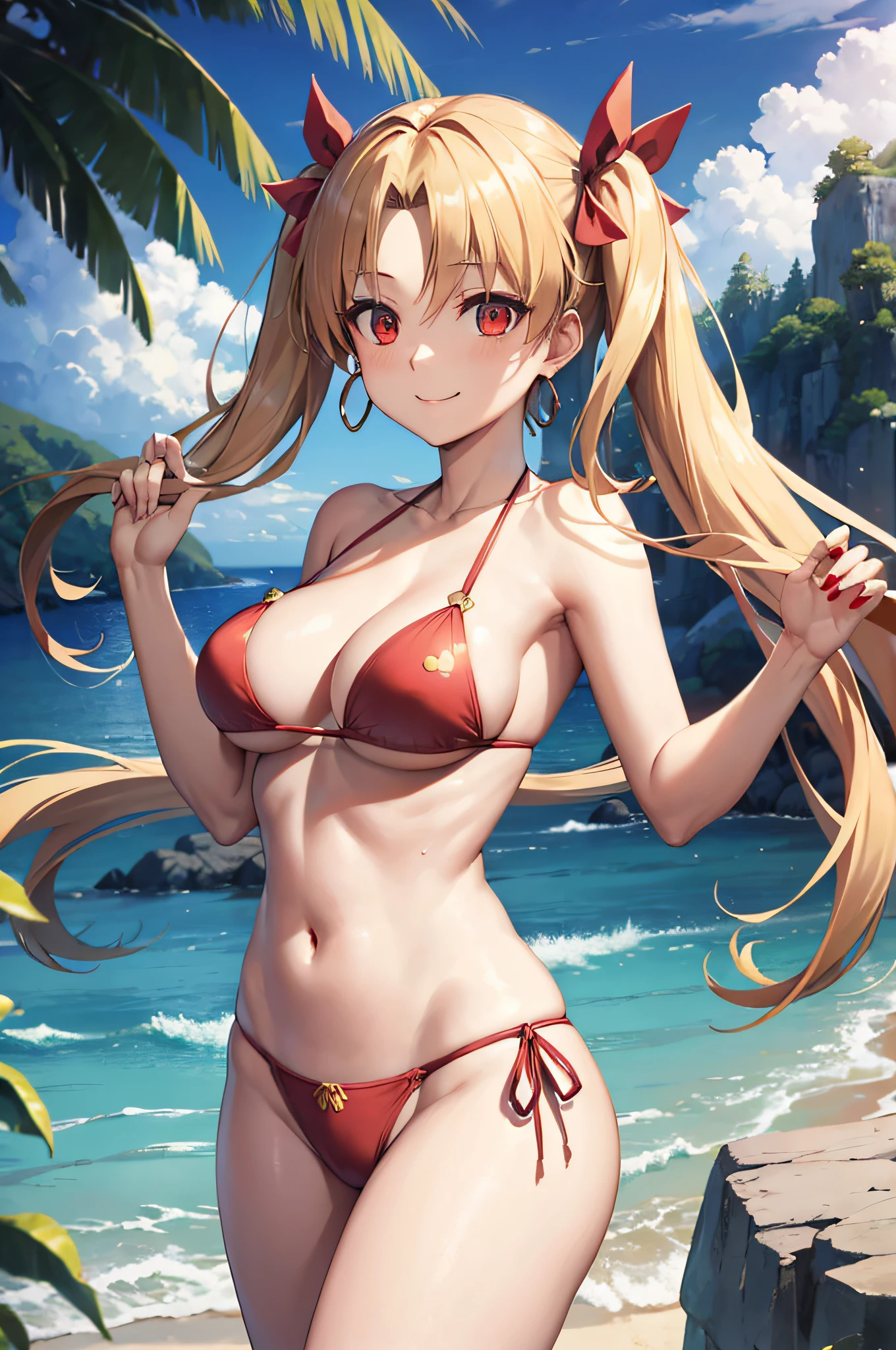 Ereshkigal, Ereshkigal, Blonde hair,  Hair Bow, hoop earrings,  Long hair, Parted bangs, (Red Eyes:1.5),  Bow, BREAK looking at viewer, BREAK (masutepiece:1.2), Best Quality, High resolution, Unity 8k壁纸, (Illustration:0.8), (Beautiful detailed eyes:1.6), extra detailed face, Perfect Lighting, extremely details CG, (Perfect hands, Perfect Anatomy),Naughty big、Big breasts emphasis、A smile,(Red bikini:1.3),(the beach:1.3)、独奏、Bare neck、Bare arms、bare shoulders​