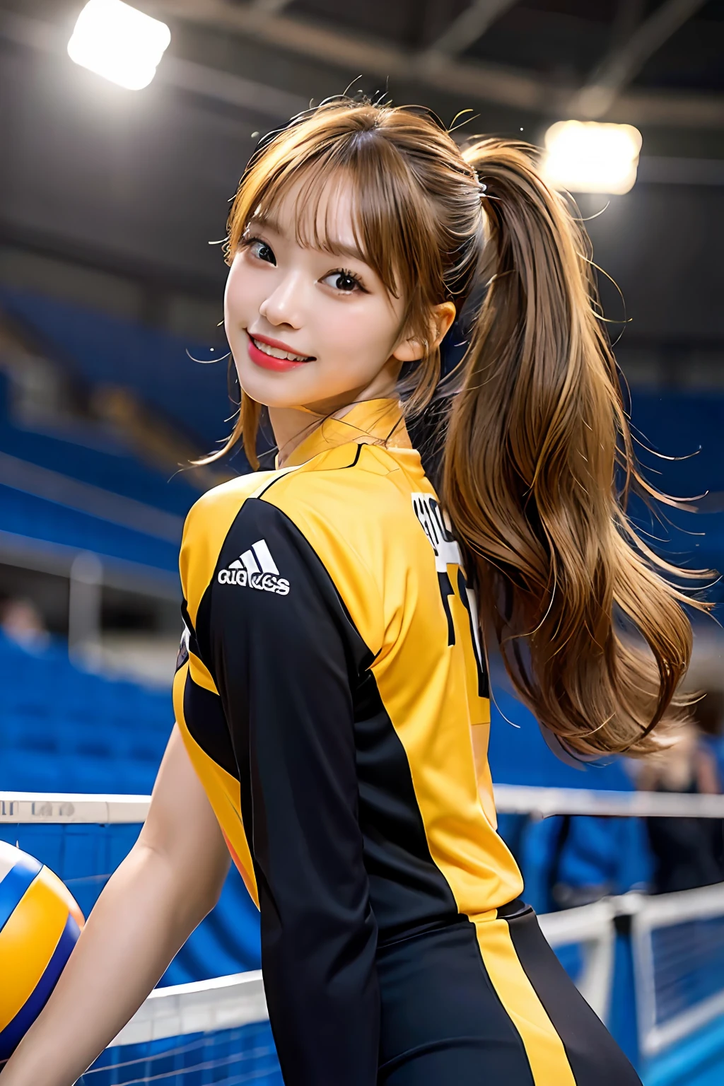 Best quality, masterpiece, ultra high res, (photorealistic: 1.4), highly detailed, professional lighting smile, Stick out the tip of the tongue. Golden-haired black woman playing volleyball, in stadium, tight suit