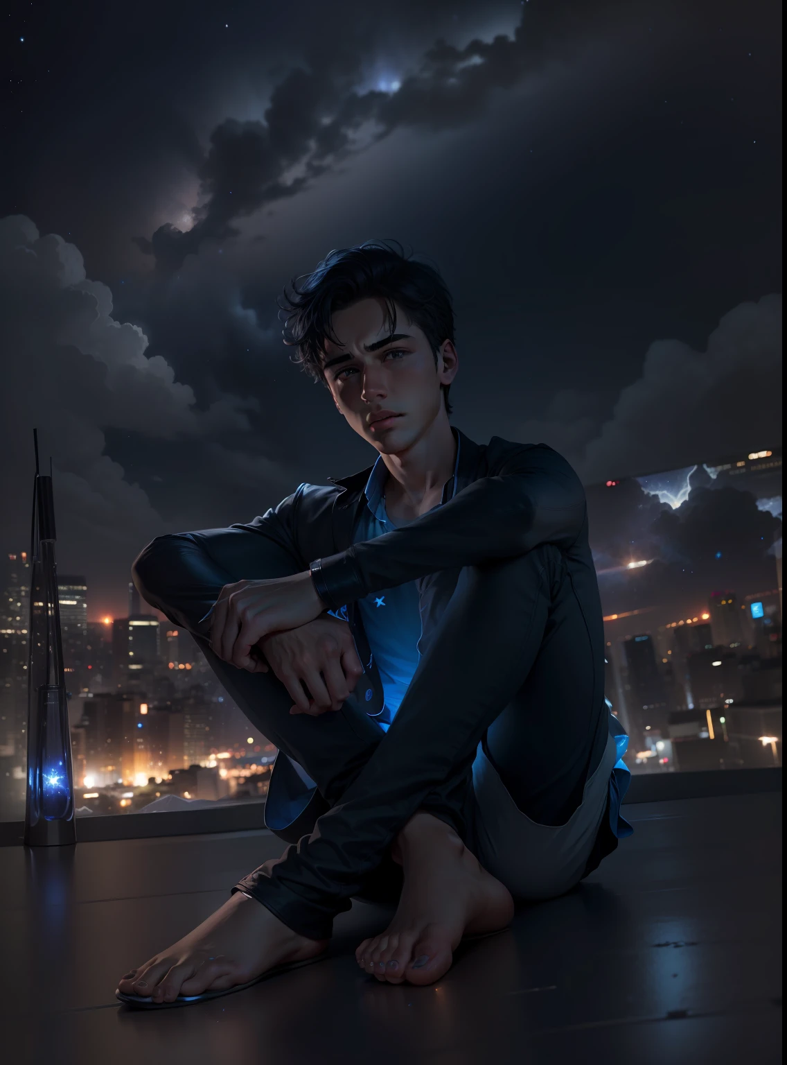 Sad 8k ultra hd wallpaper sad boy blue dark sky night sky night view realistic face male handsome boy same face stars'in sky sad nature sitting sad boy