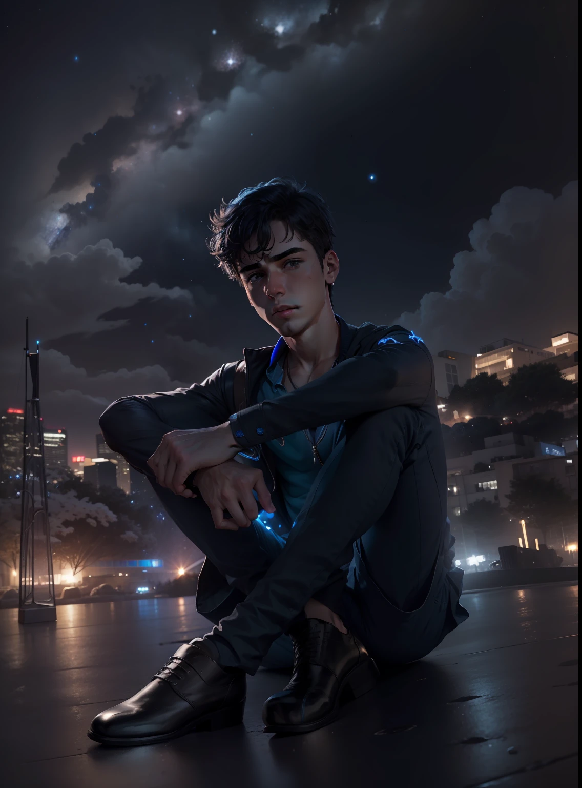 Sad 8k ultra hd wallpaper sad boy blue dark sky night sky night view realistic face male handsome boy same face stars'in sky sad nature sitting sad boy