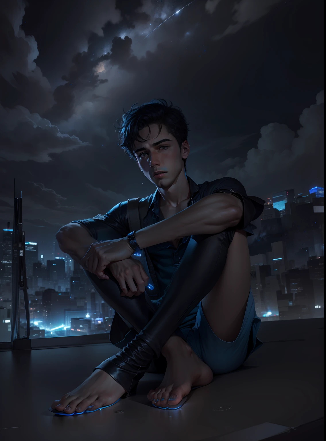 Sad 8k ultra hd wallpaper sad boy blue dark sky night sky night view realistic face male handsome boy same face stars'in sky sad nature sitting sad boy