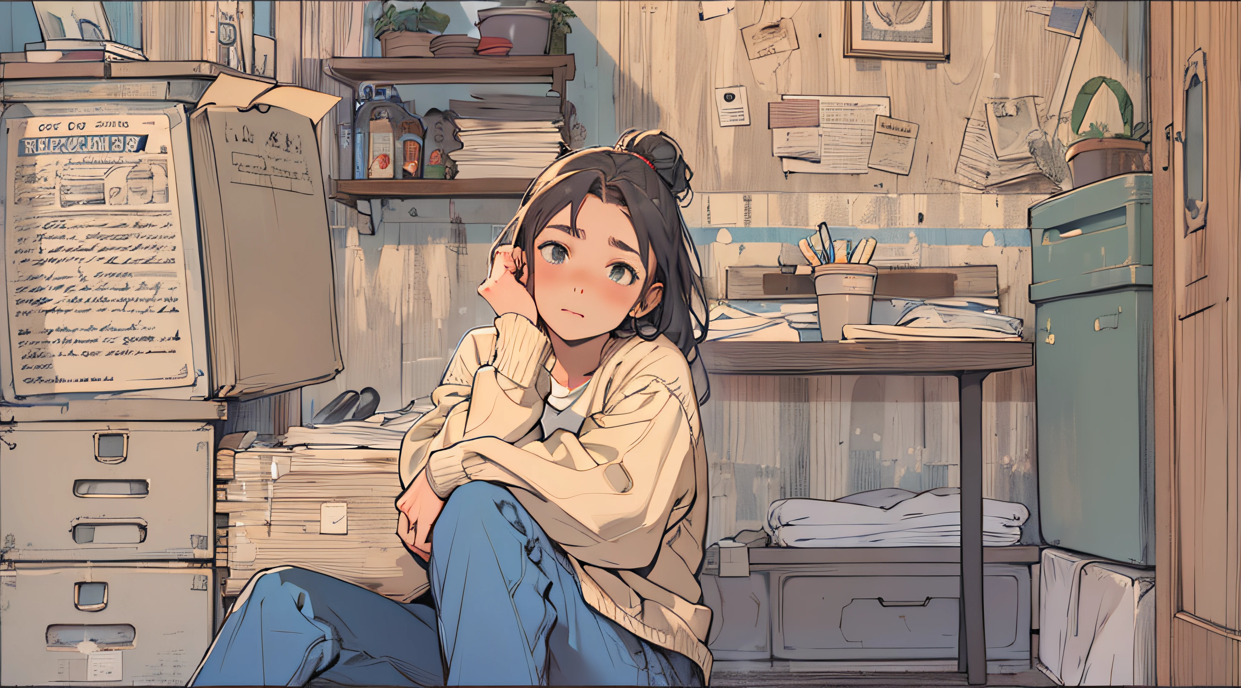 single adult girl, sitting in corner in room, night