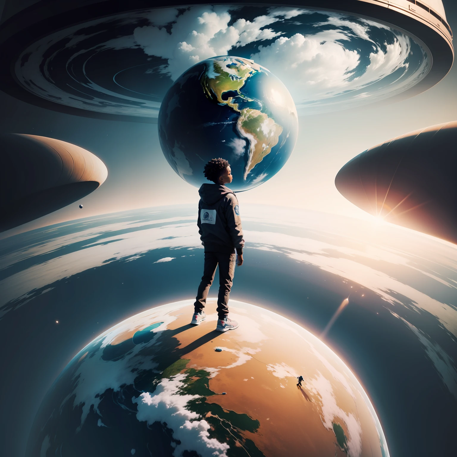 Black child walking on top of the globe
